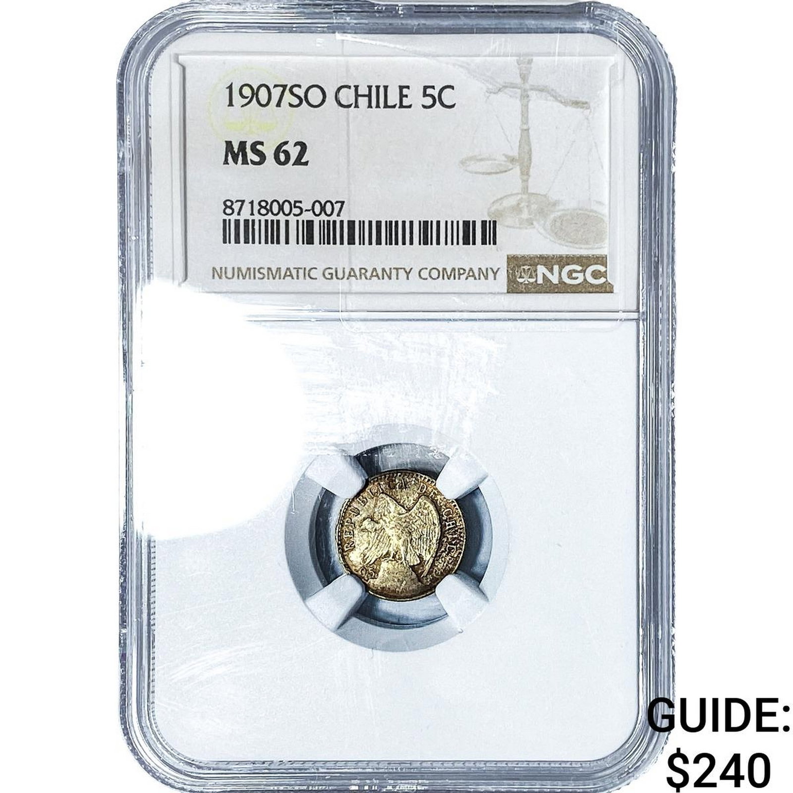 1907-SO Chile Silver 5 Centavos NGC MS62: 1907-SO Chile Silver 5 Centavos NGC MS62