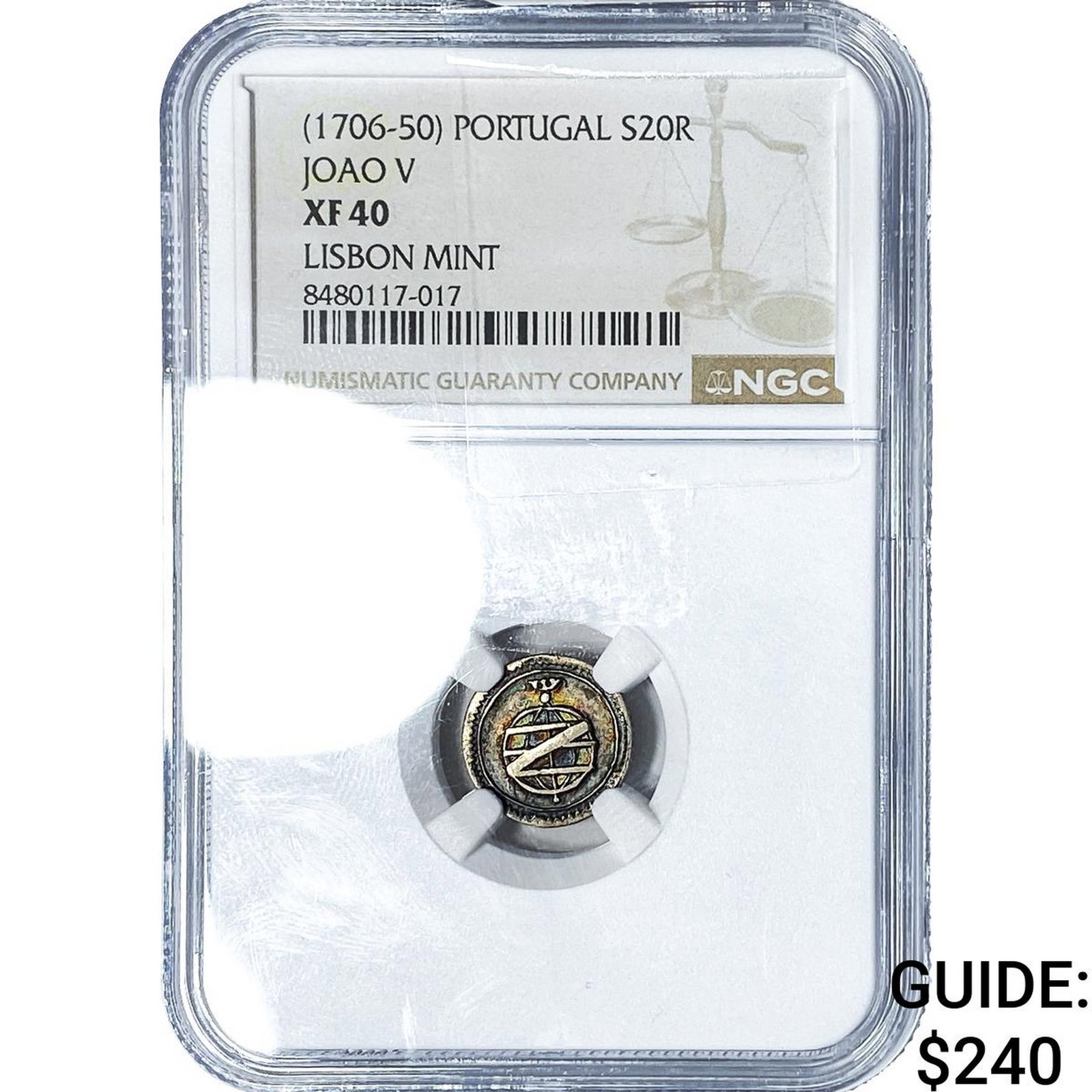 (1706-50) Portugal Silver 20 Reis Toned! NGC XF40: (1706-50) Portugal Silver 20 Reis Toned! NGC XF40