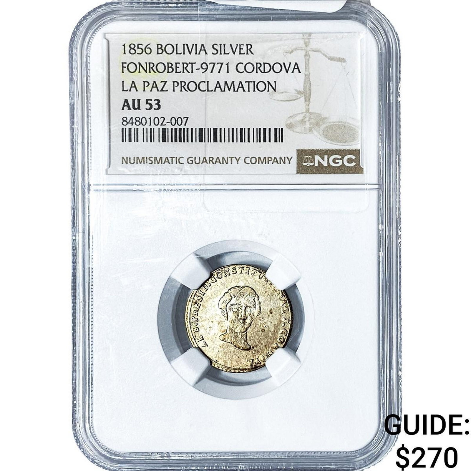 1856 Bolivia Silver La Paz Proclomation Medal NGC AU53 (1 of 2)