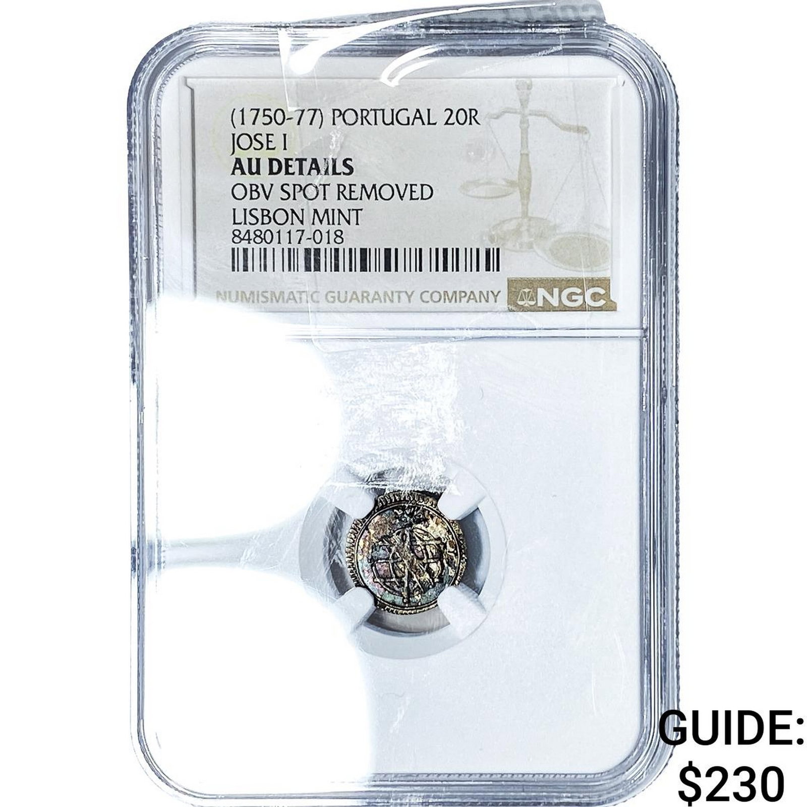 (1750-77) Portugal Silver 20 Reis Toned! NGC AU Details: (1750-77) Portugal Silver 20 Reis Toned! NGC AU Details