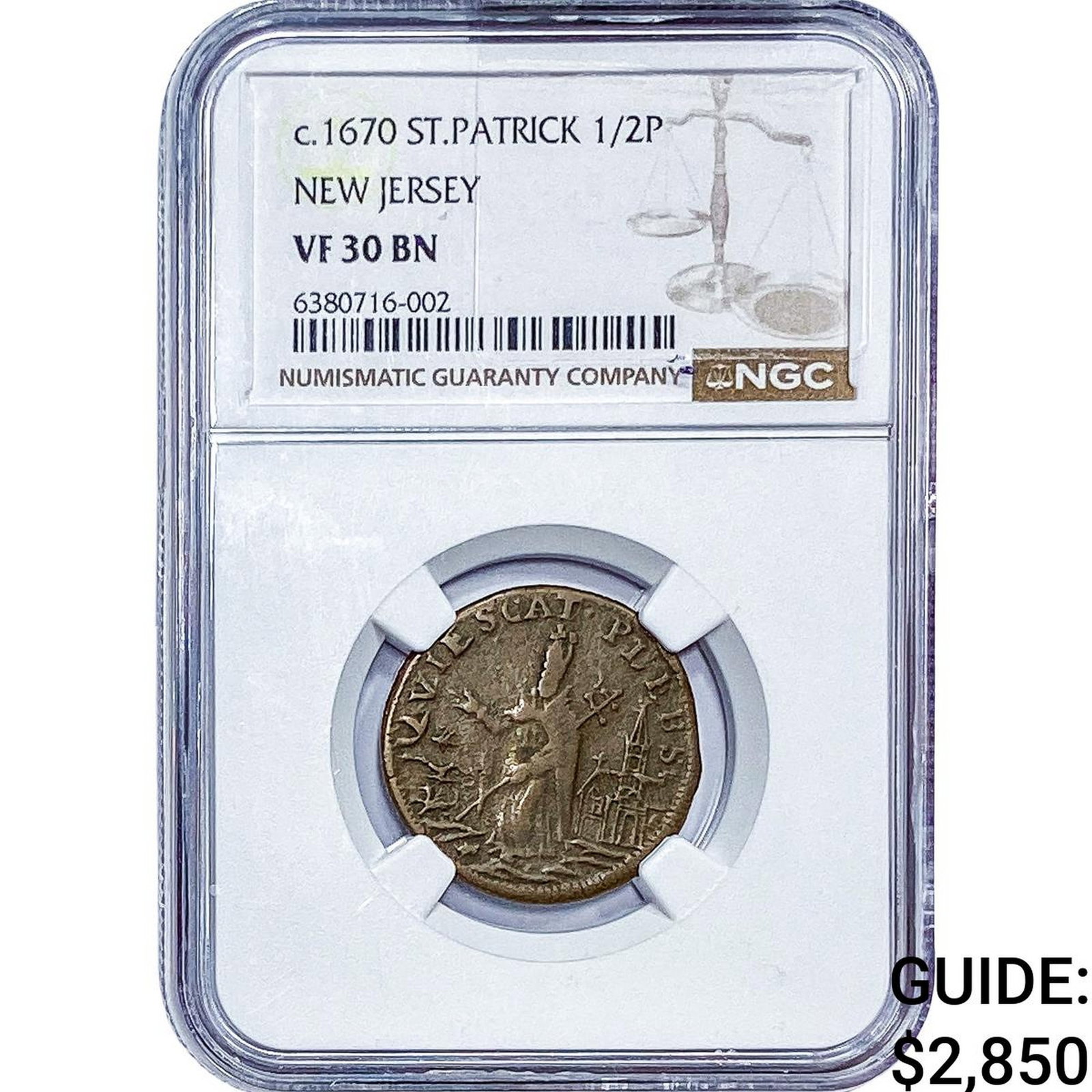 c.1670 New Jersey St.Patrick 1/2 Penny NGC VF30 BN (1 of 2)