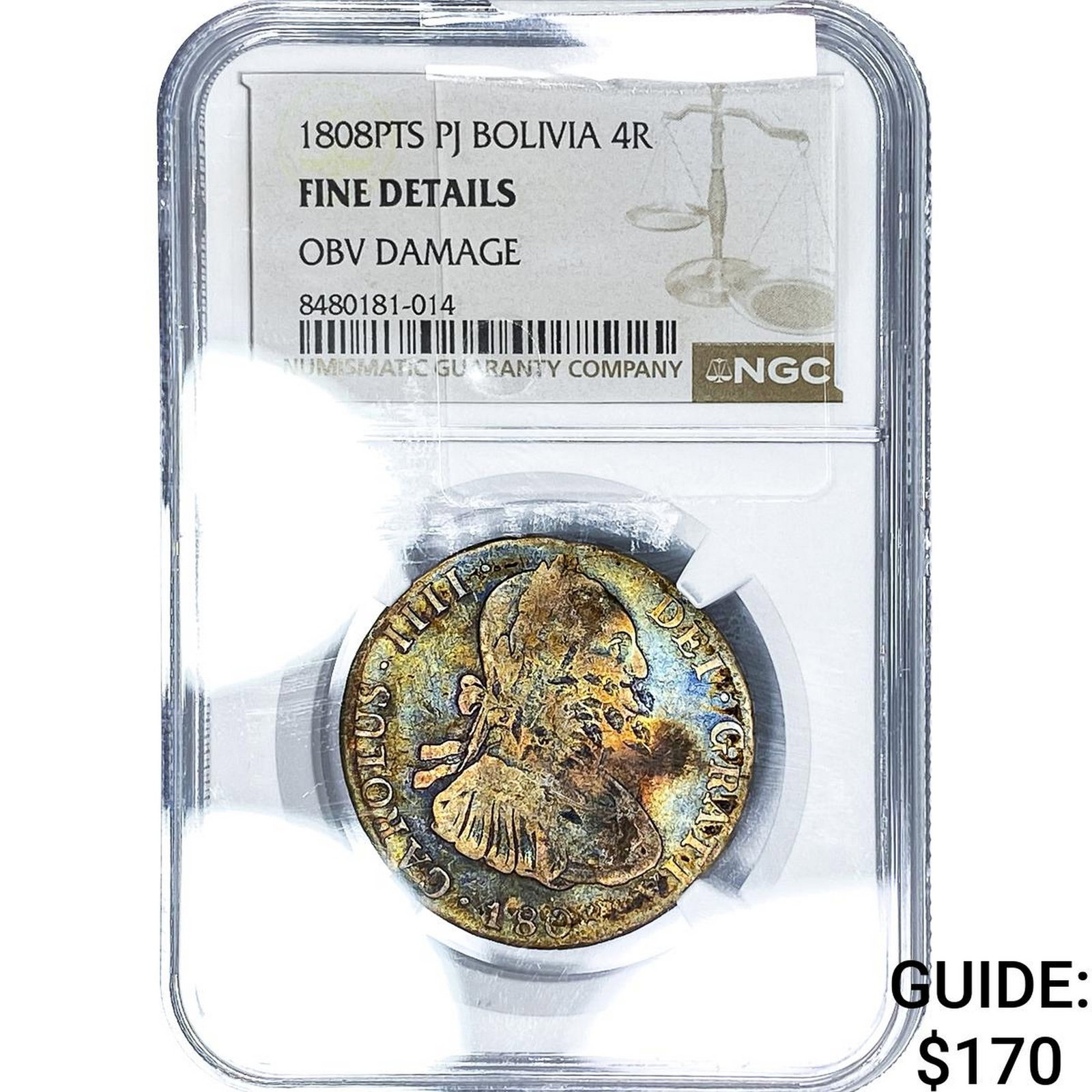 1808-PTS Colonial Spain Silver 4 Reales Toned! NGC F Details (1 of 2)