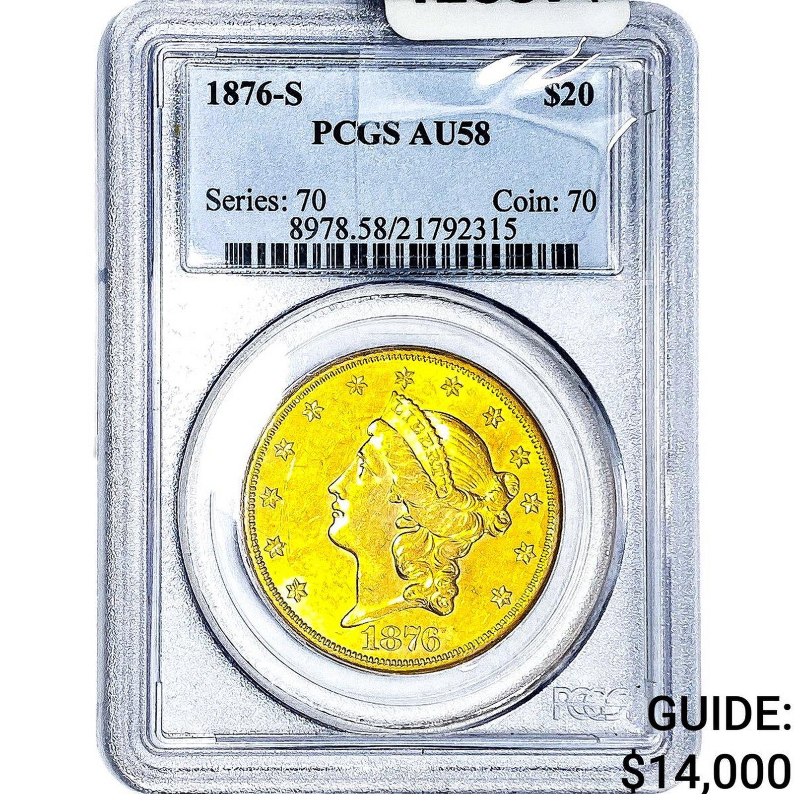 1876-S $20 Gold Double Eagle PCGS AU58: 1876-S $20 Gold Double Eagle PCGS AU58
