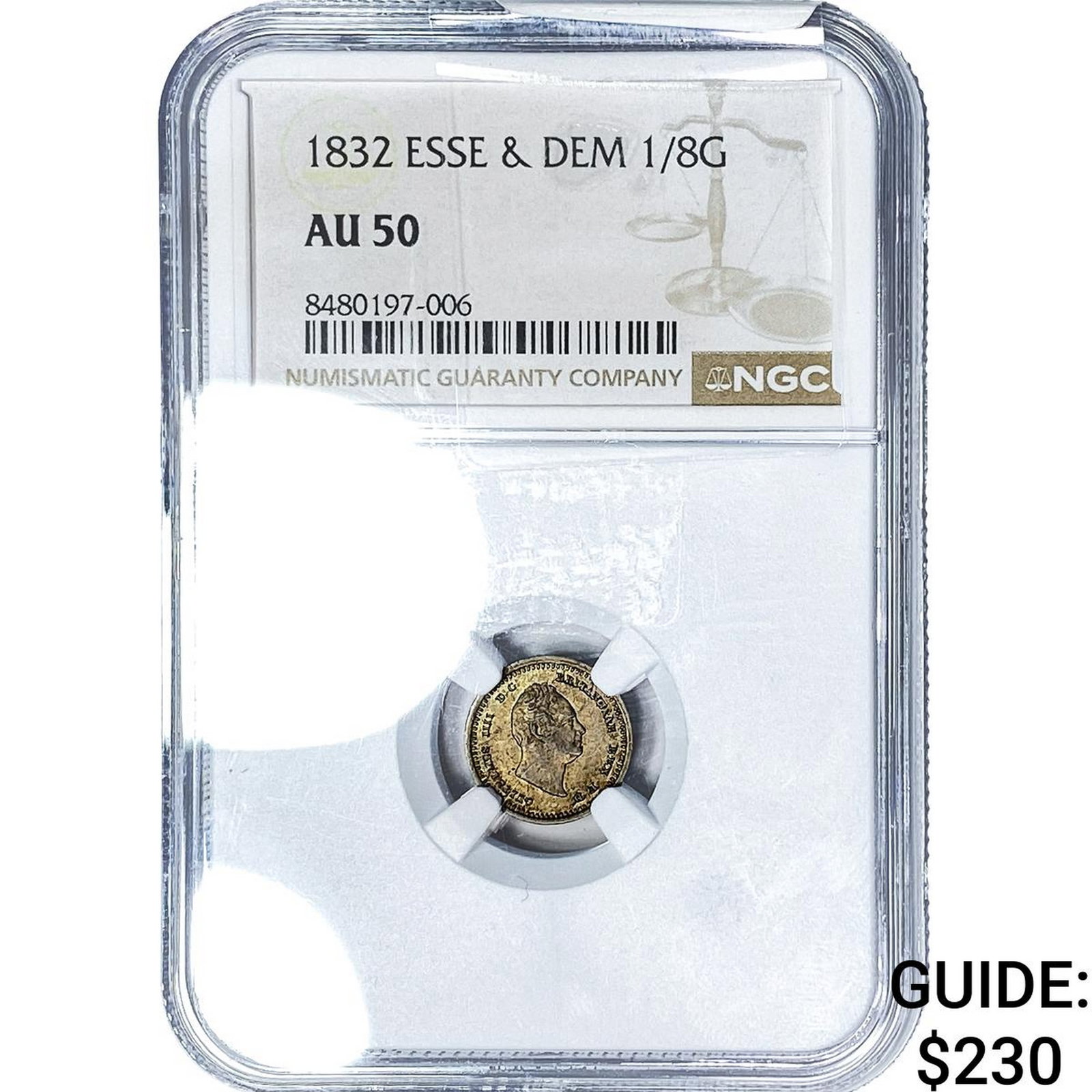 1832 Essequibo & Demerara Silver 1/8 Guilder NGC AU50: 1832 Essequibo & Demerara Silver 1/8 Guilder NGC AU50
