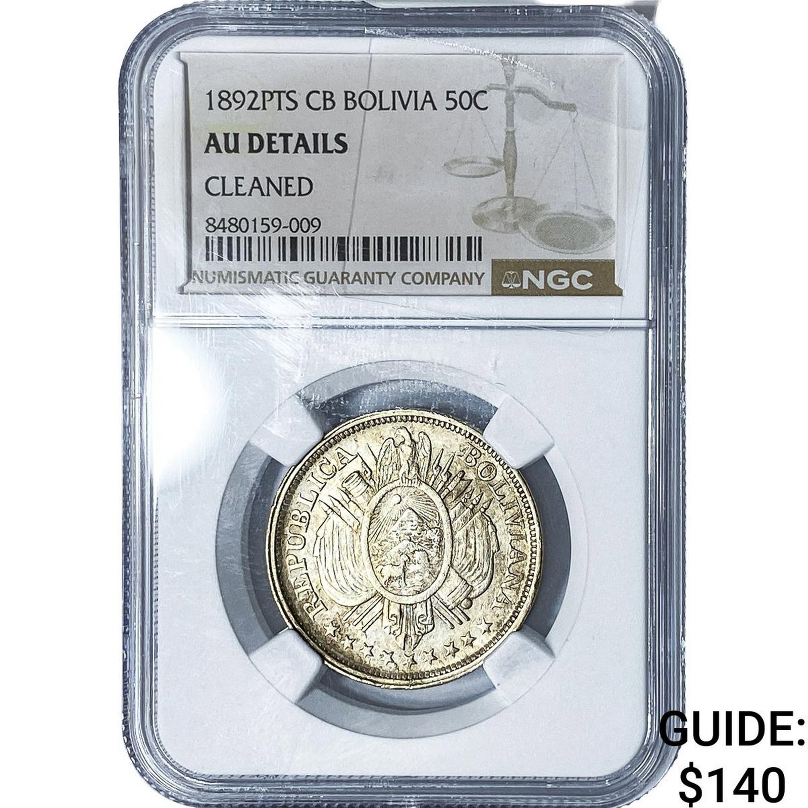 1892-PTS Bolivia Silver 50 Centavos NGC AU Details: 1892-PTS Bolivia Silver 50 Centavos NGC AU Details