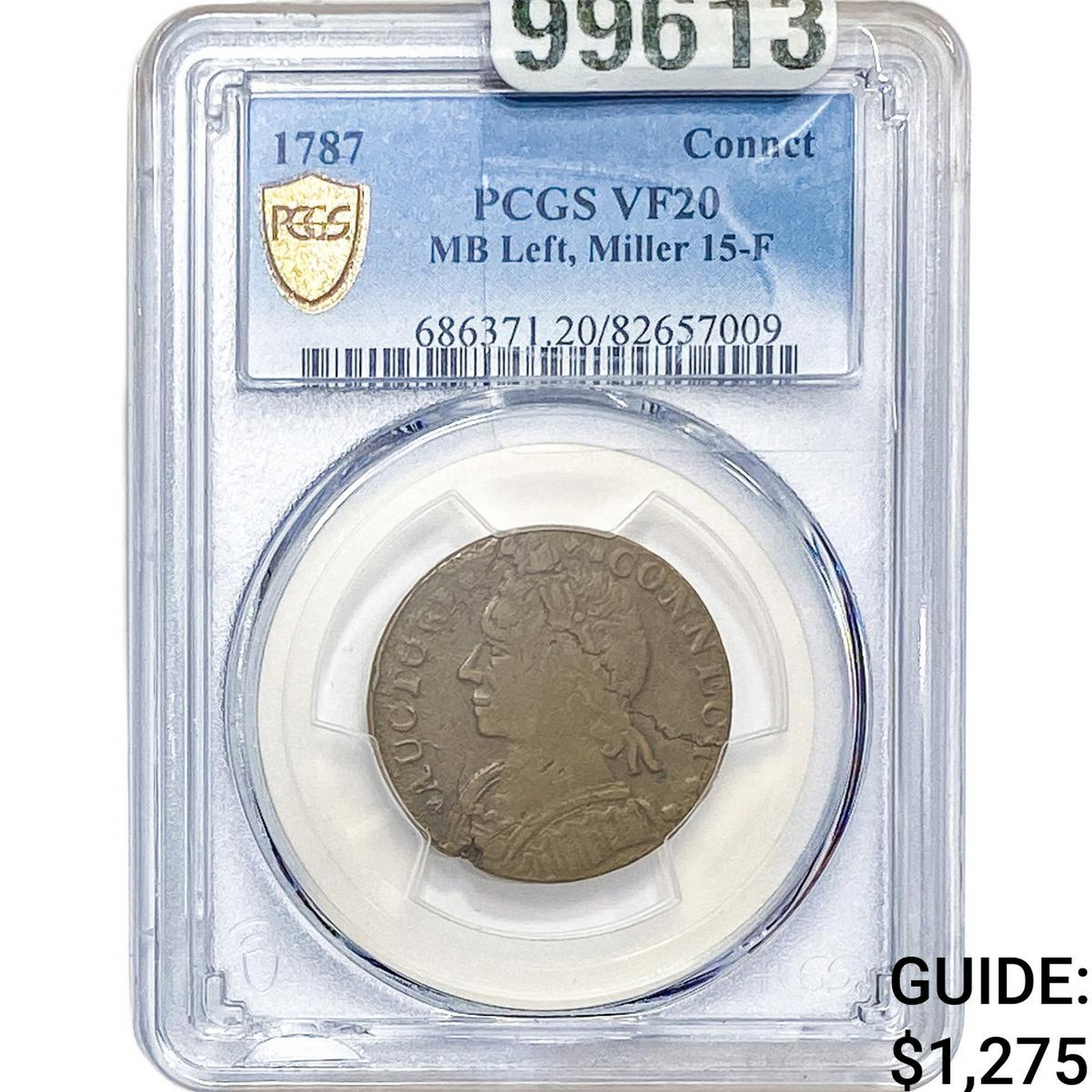1787 Connecticut Copper MB Left, Miller 15-F PCGS VF20: 1787 Connecticut Copper MB Left, Miller 15-F PCGS VF20