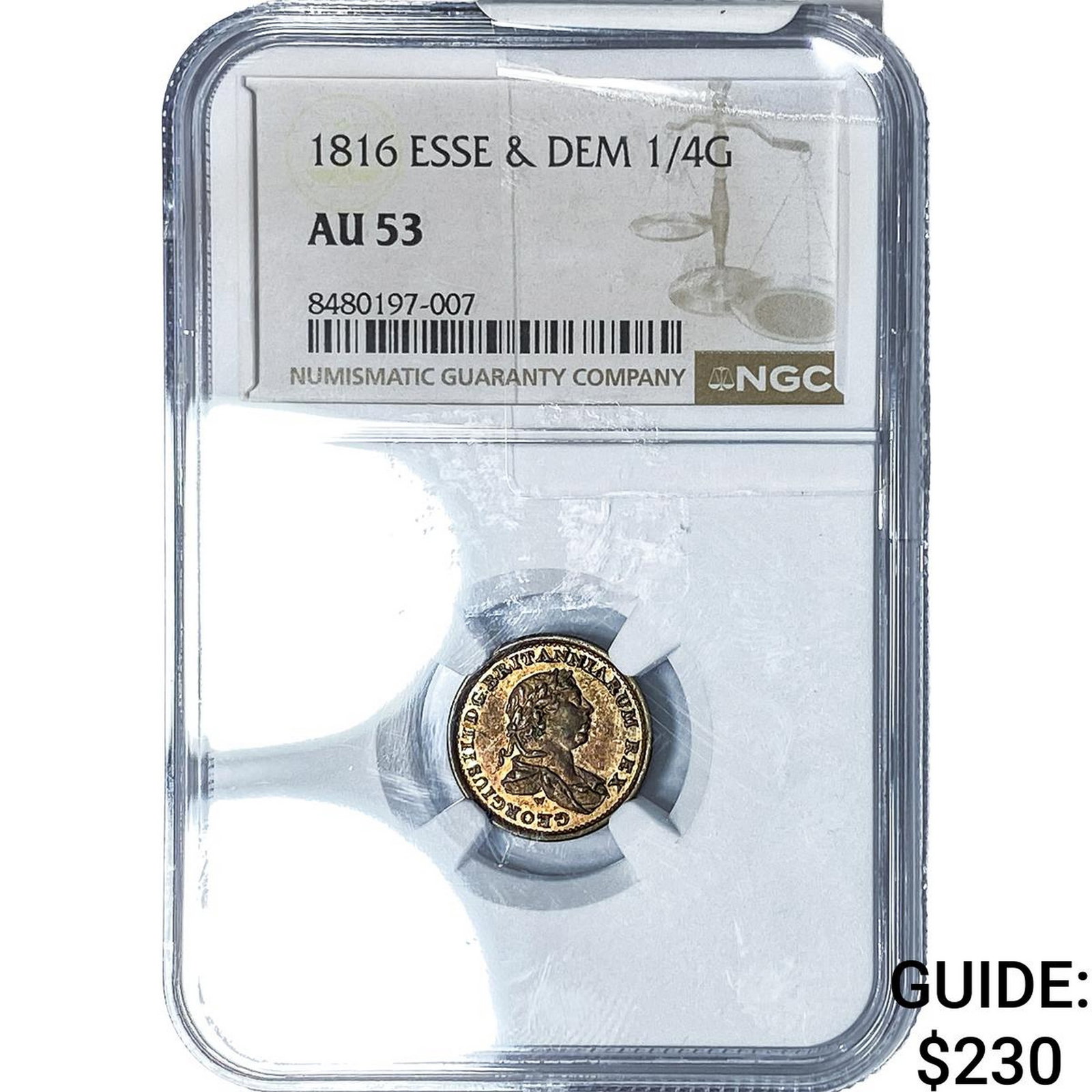 1816 Essequibo & Demerara Silver 1/4 Guilder NGC AU53: 1816 Essequibo & Demerara Silver 1/4 Guilder NGC AU53