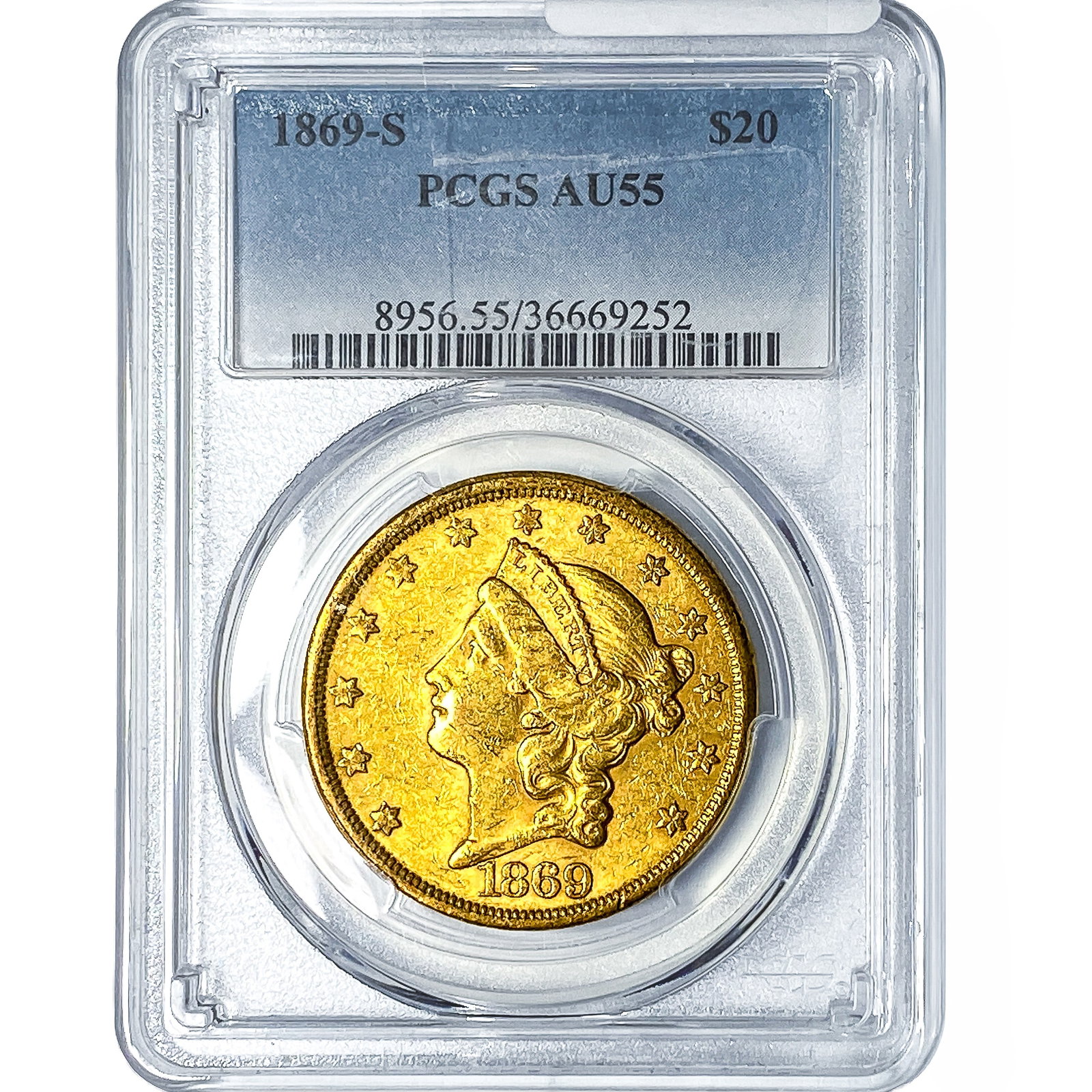 1869-S $20 Gold Double Eagle PCGS AU55: 1869-S $20 Gold Double Eagle PCGS AU55