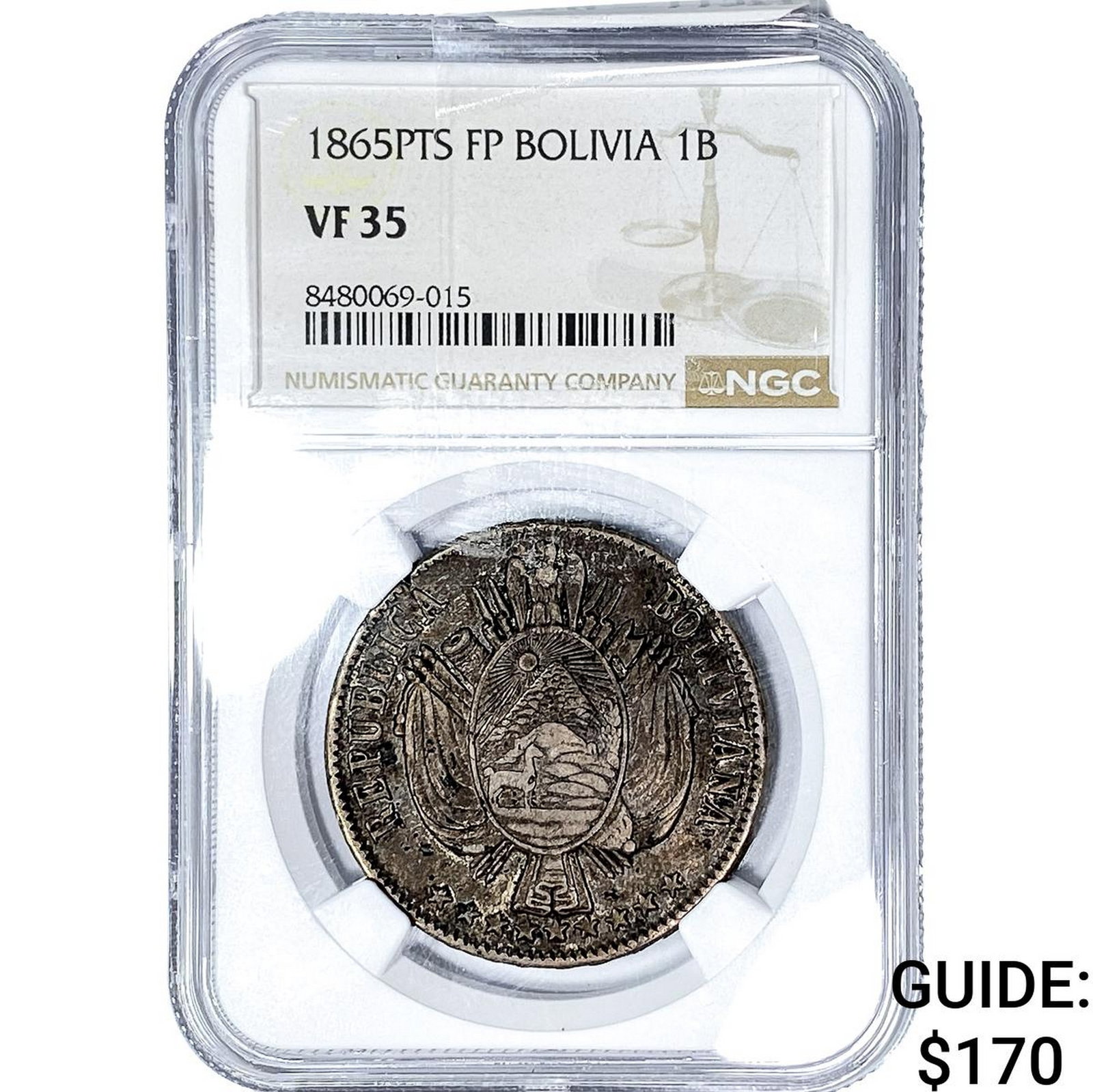 1865-PTS Bolivia SIlver 1 Boliviano NGC VF35: 1865-PTS Bolivia SIlver 1 Boliviano NGC VF35