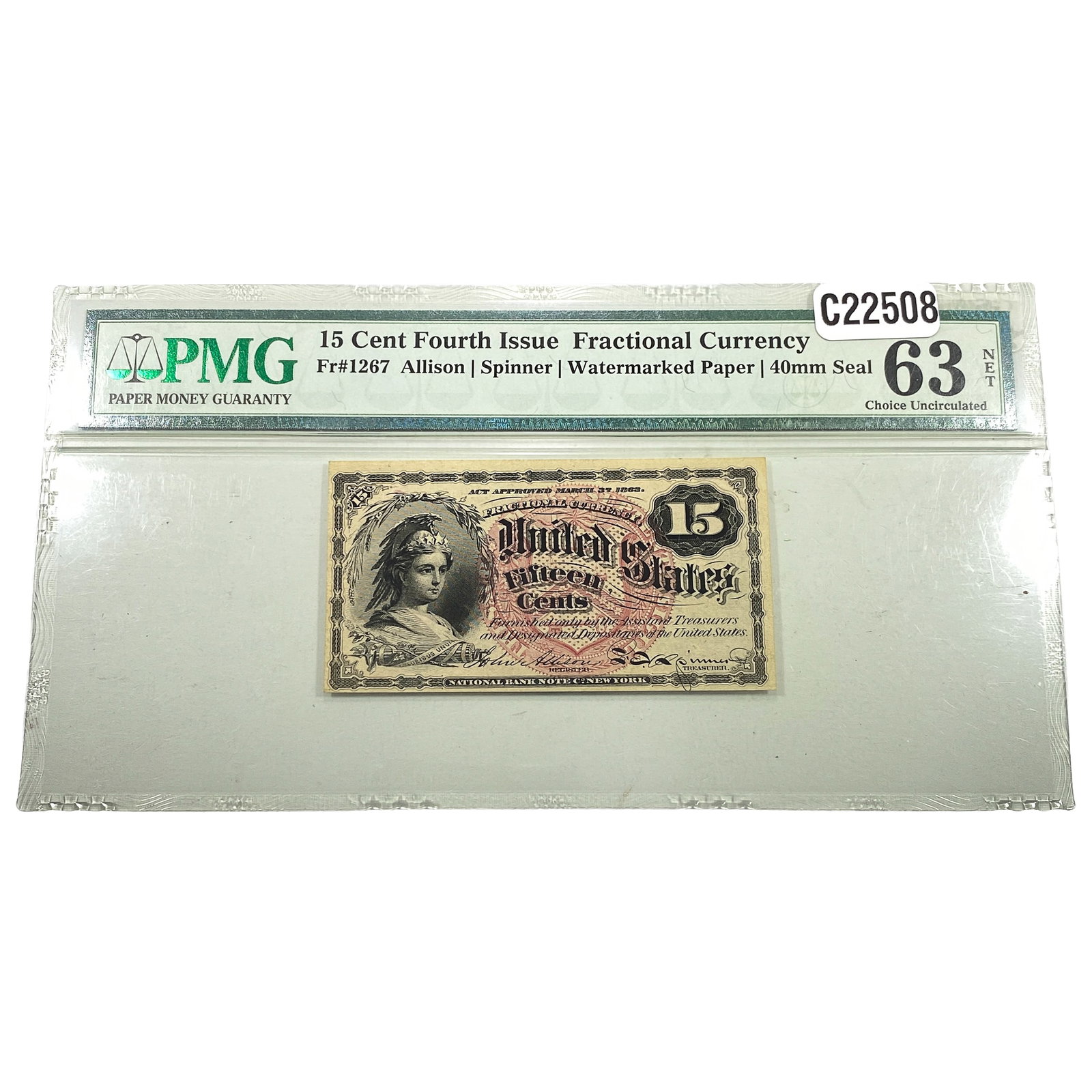 1863 U.S. 15C 4th Issue Fractional Currency CU 63: 1863 U.S. 15C 4th Issue Fractional Currency CU 63