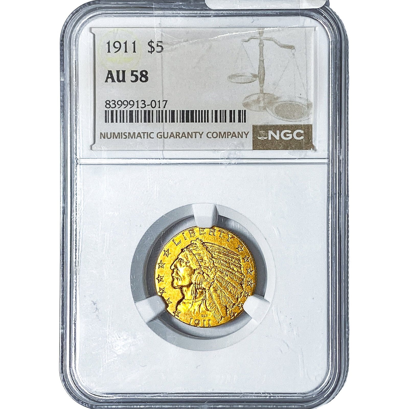 1911 $5 Gold Half Eagle NGC AU58: 1911 $5 Gold Half Eagle NGC AU58
