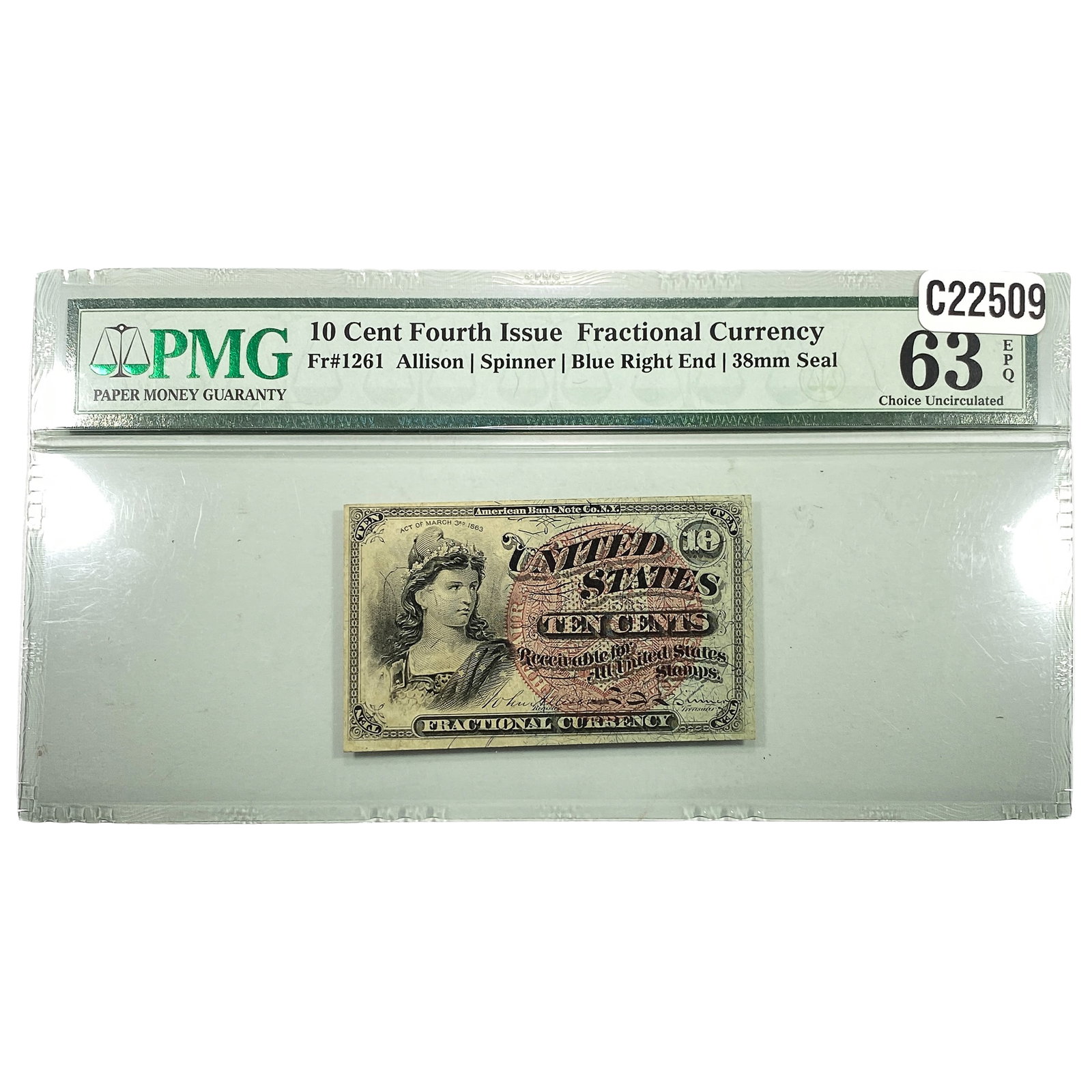 1863 U.S. 10C 4th Issue Fractional Currency CU 63 EPQ: 1863 U.S. 10C 4th Issue Fractional Currency CU 63 EPQ