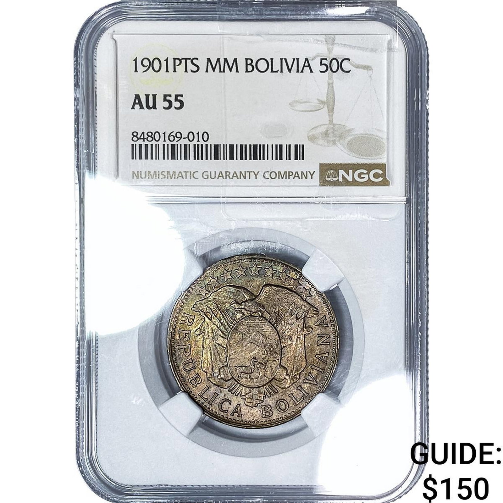 1901-PTS Bolivia Silver 50 Centavos NGC AU55: 1901-PTS Bolivia Silver 50 Centavos NGC AU55