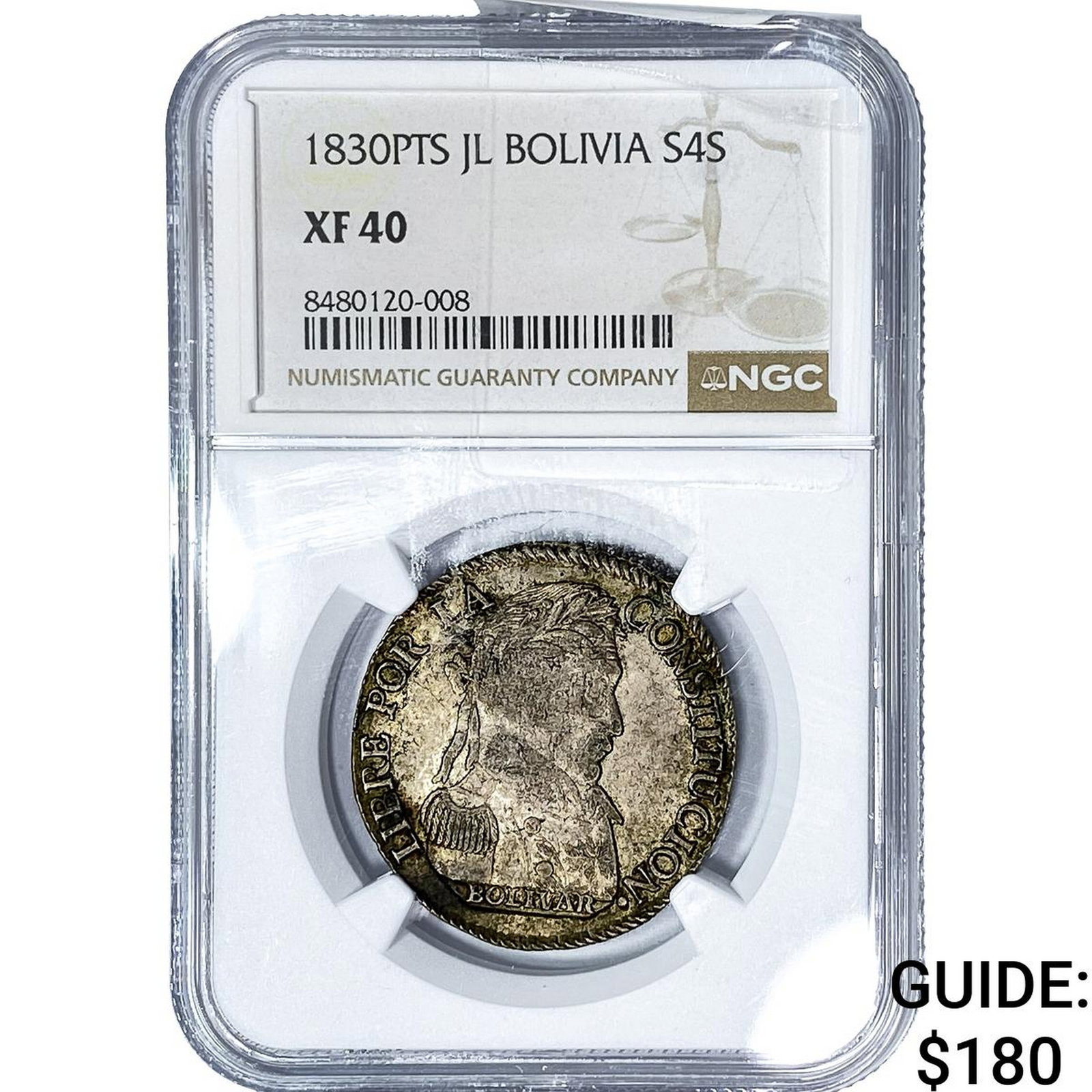 1830-PTS Bolivia Silver 4 Soles NGC XF40: 1830-PTS Bolivia Silver 4 Soles NGC XF40