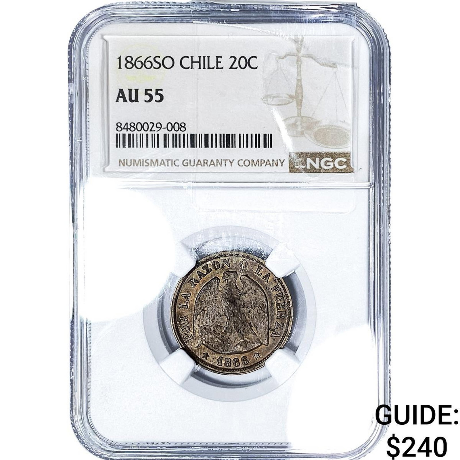 1866-SO Chile Silver 20 Centavos NGC AU55 (1 of 2)