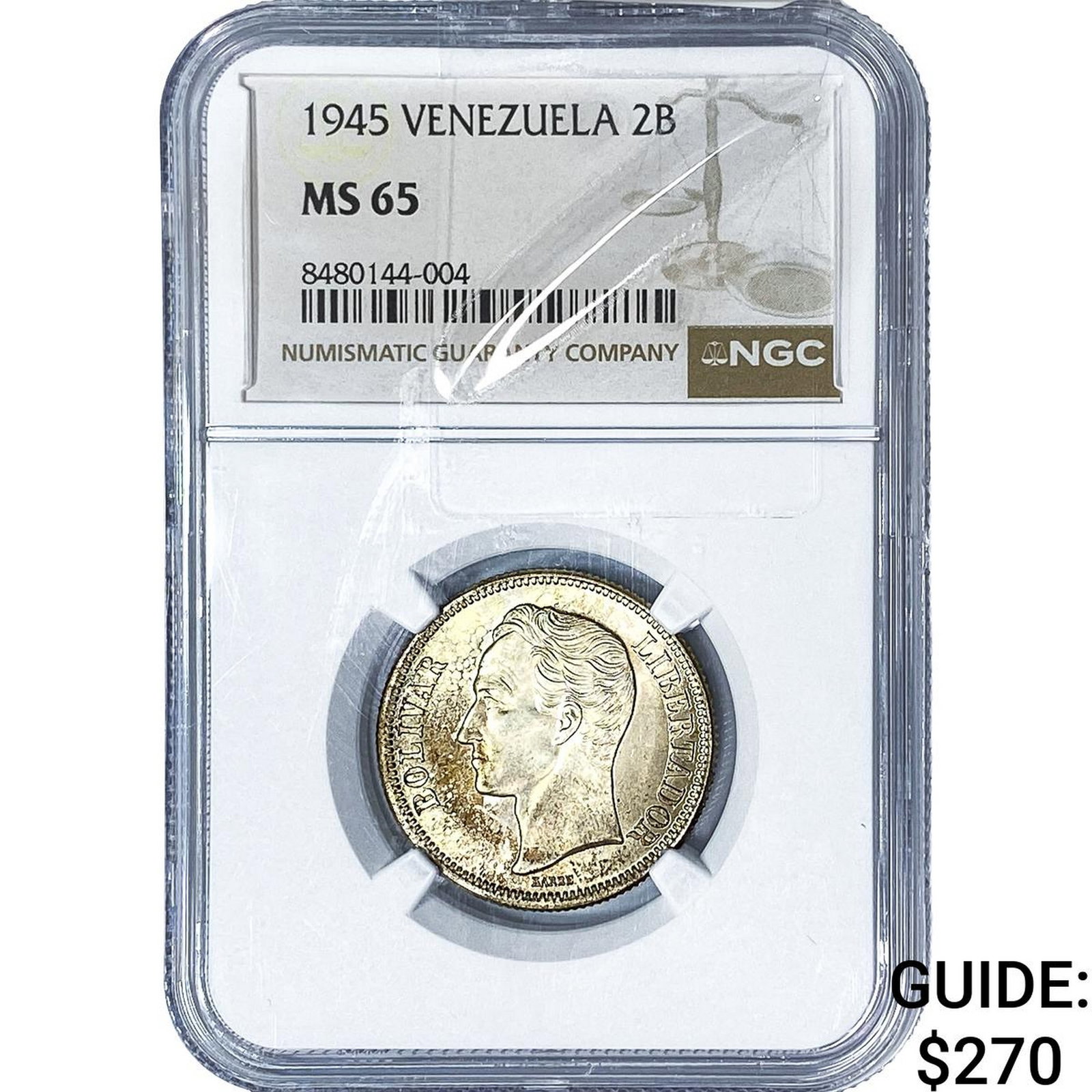 1945 Venezuela Silver 2 Bolivars NGC MS65: 1945 Venezuela Silver 2 Bolivars NGC MS65