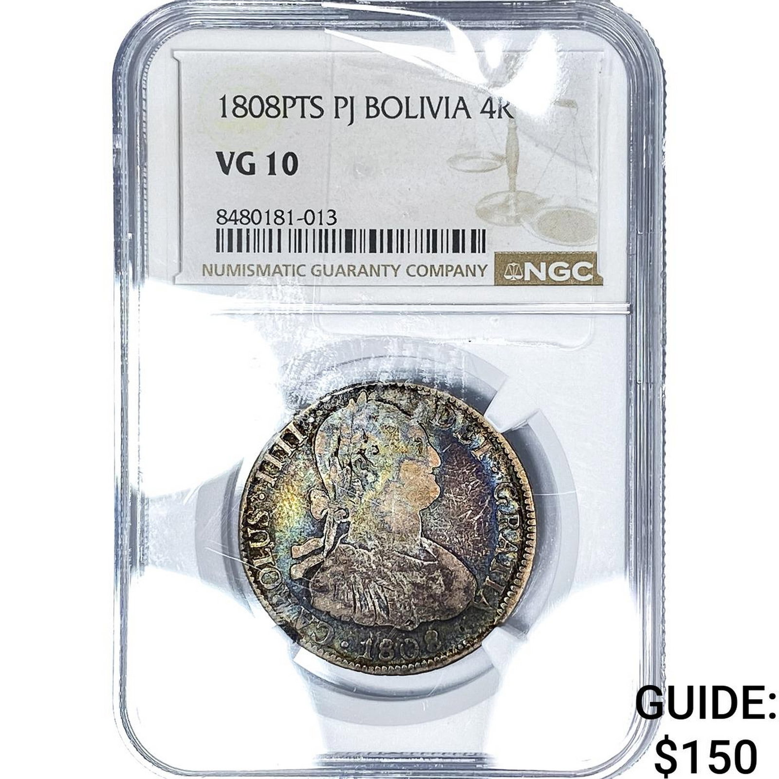 1808-PTS Colonial Spain Silver 4 Reales Toned! NGC VG10 (1 of 2)