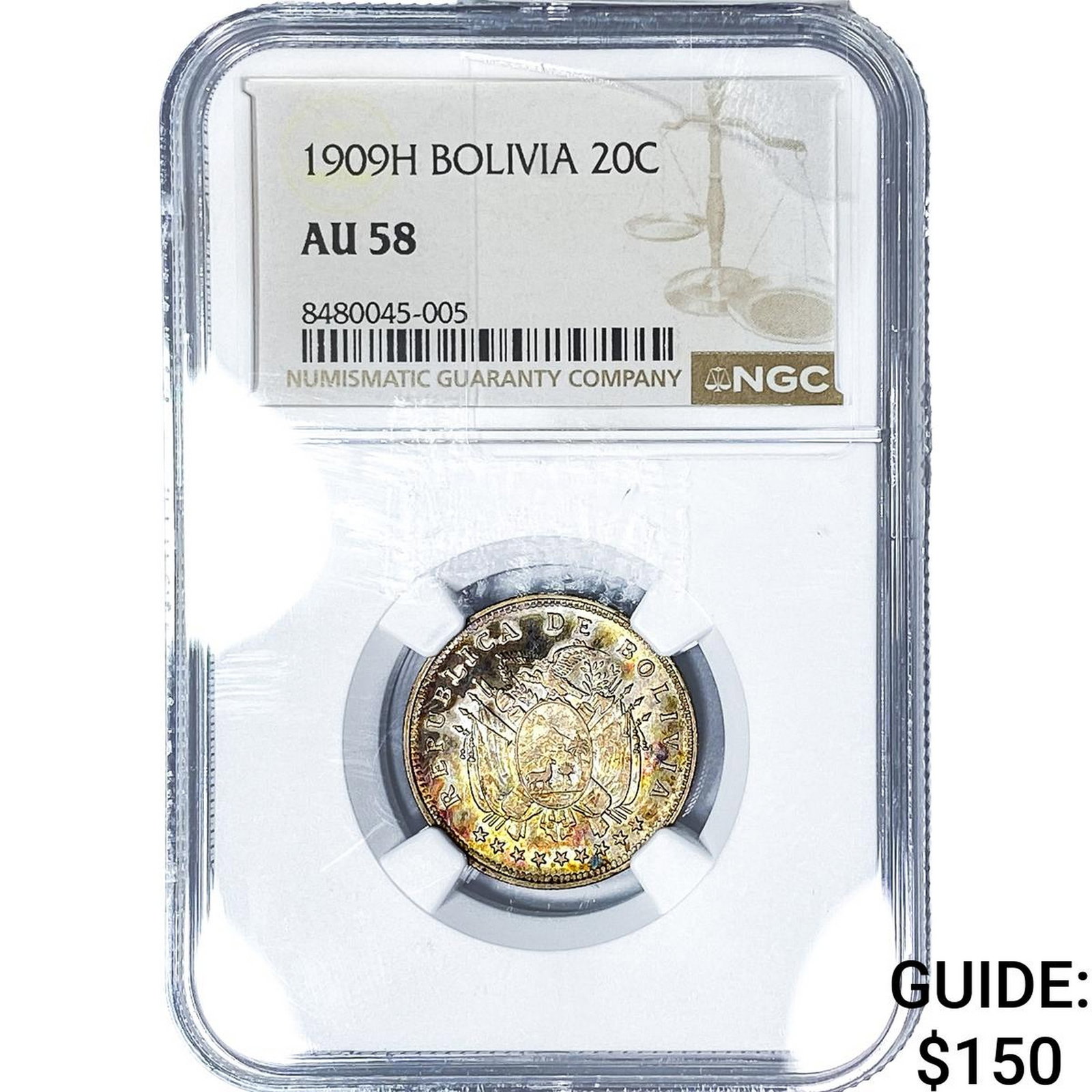 1909-H Bolivia Silver 20 Centavos Toned! NGC AU58 (1 of 2)