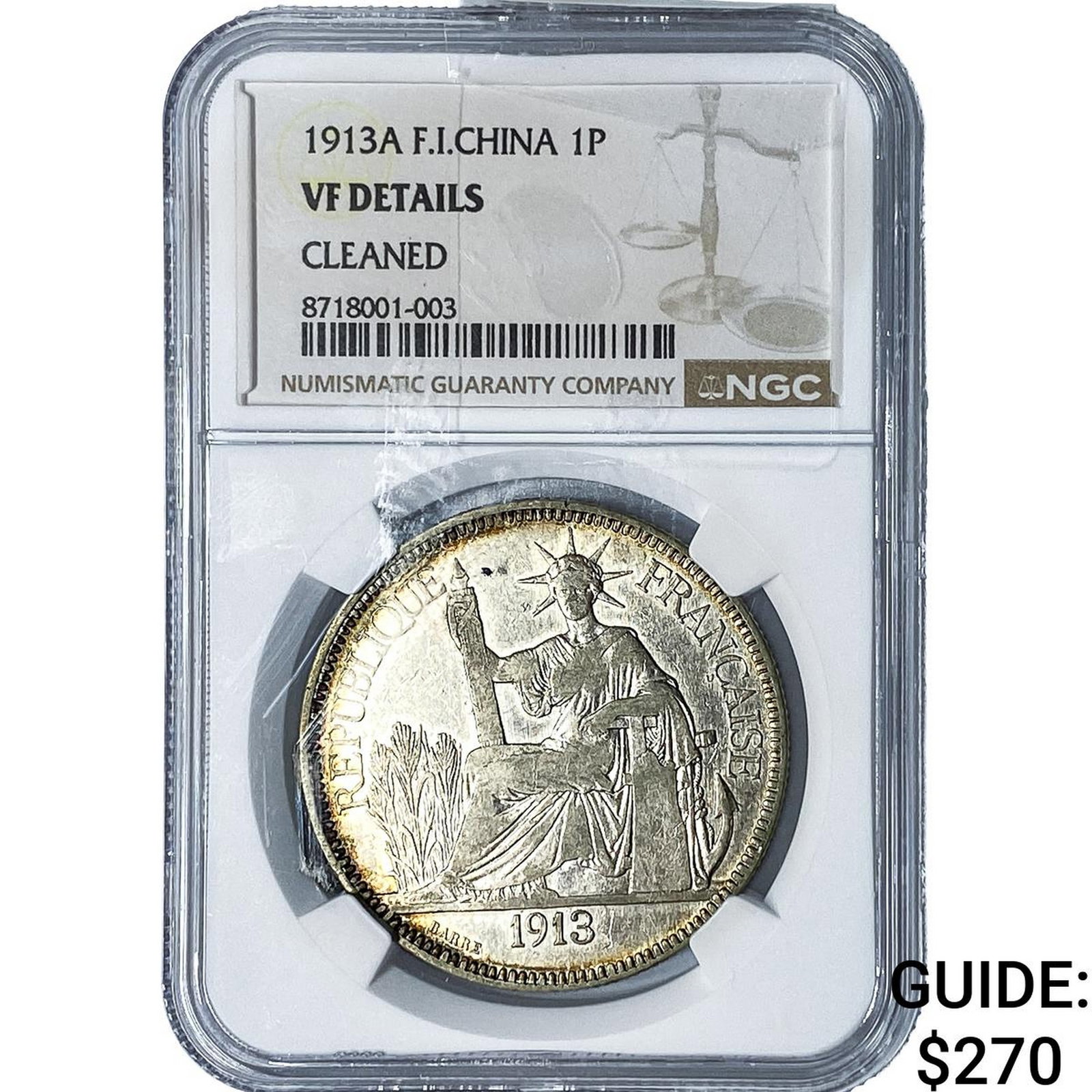 1913-A French-Indochina Silver 1 Trade Piastre NGC VF Details: 1913-A French-Indochina Silver 1 Trade Piastre NGC VF Details