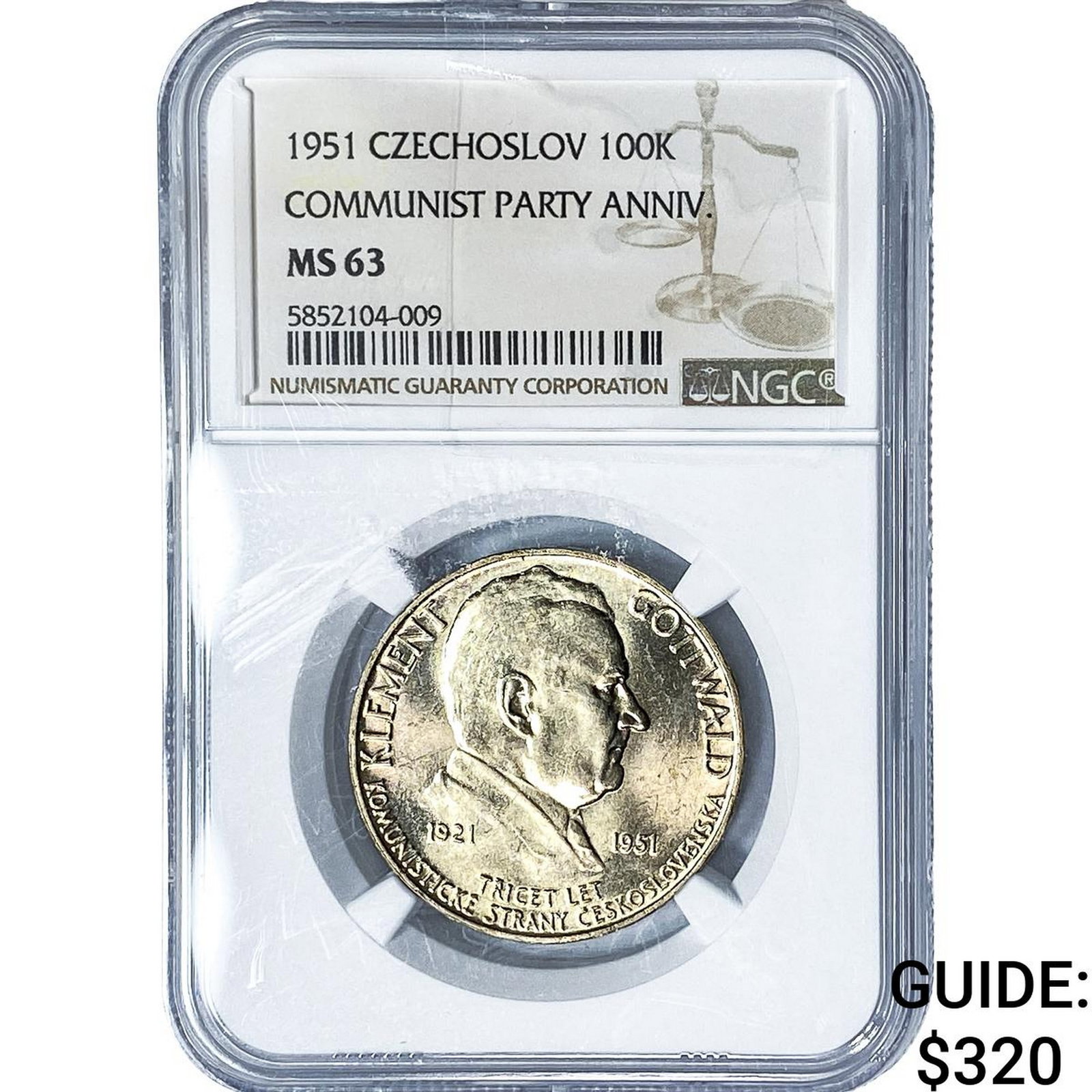 1951 Czechoslovakia Communist Party Anniv. Silver 100 Korun NGC MS63: 1951 Czechoslovakia Communist Party Anniv. Silver 100 Korun NGC MS63