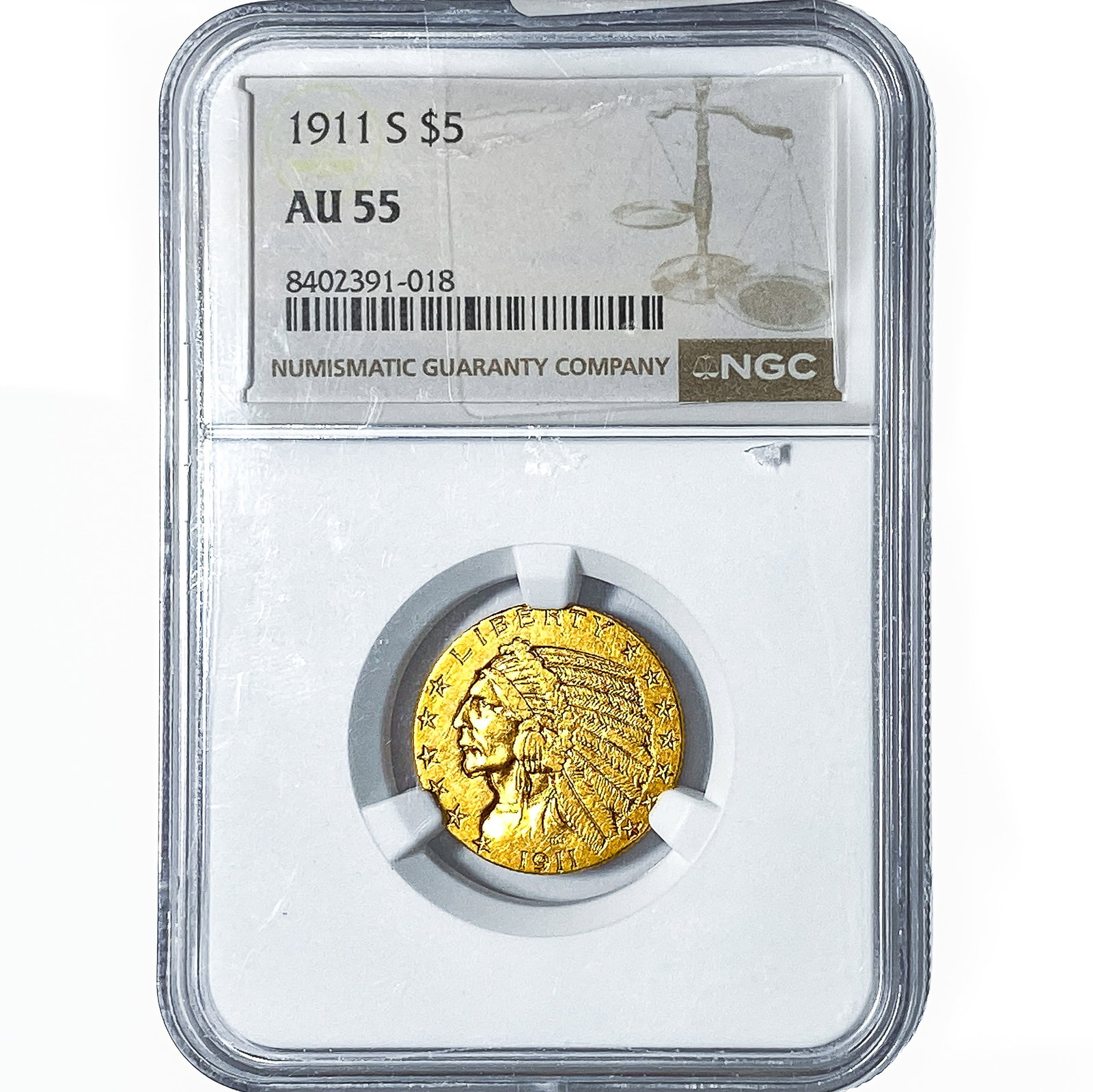 1911-S $5 Gold Half Eagle NGC AU55: 1911-S $5 Gold Half Eagle NGC AU55