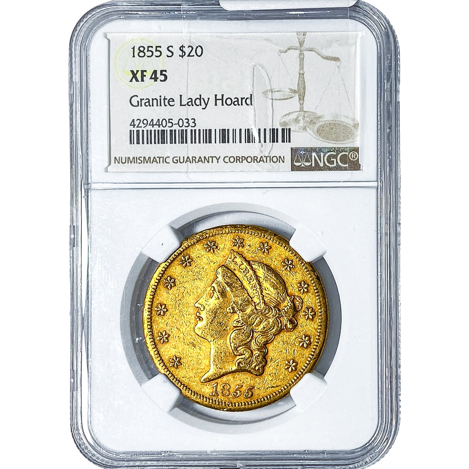 1855-S $20 Gold Double Eagle NGC XF45: 1855-S $20 Gold Double Eagle NGC XF45