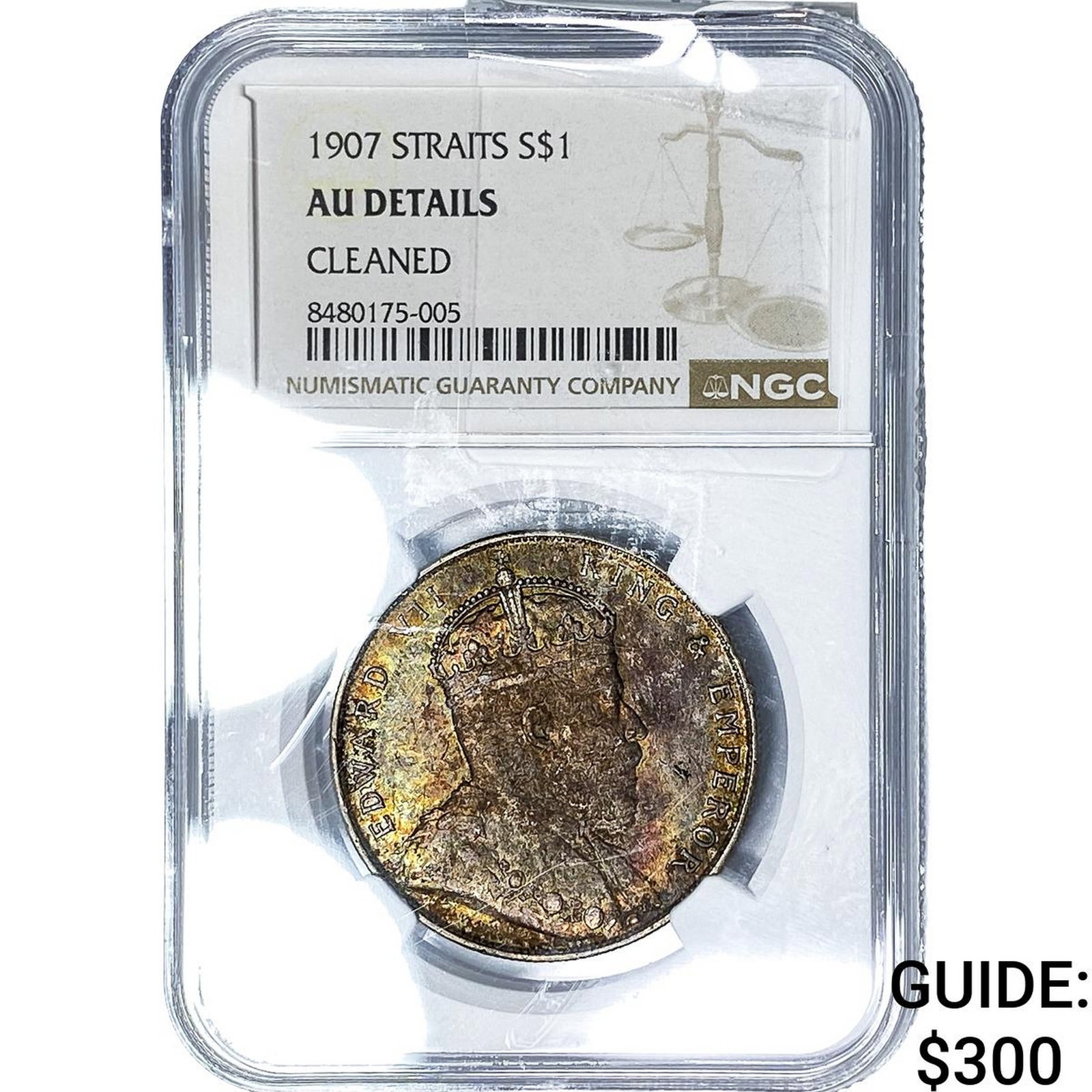 1907 Straits Settlements Silver 1 Dollar Toned! NGC AU Details (1 of 2)