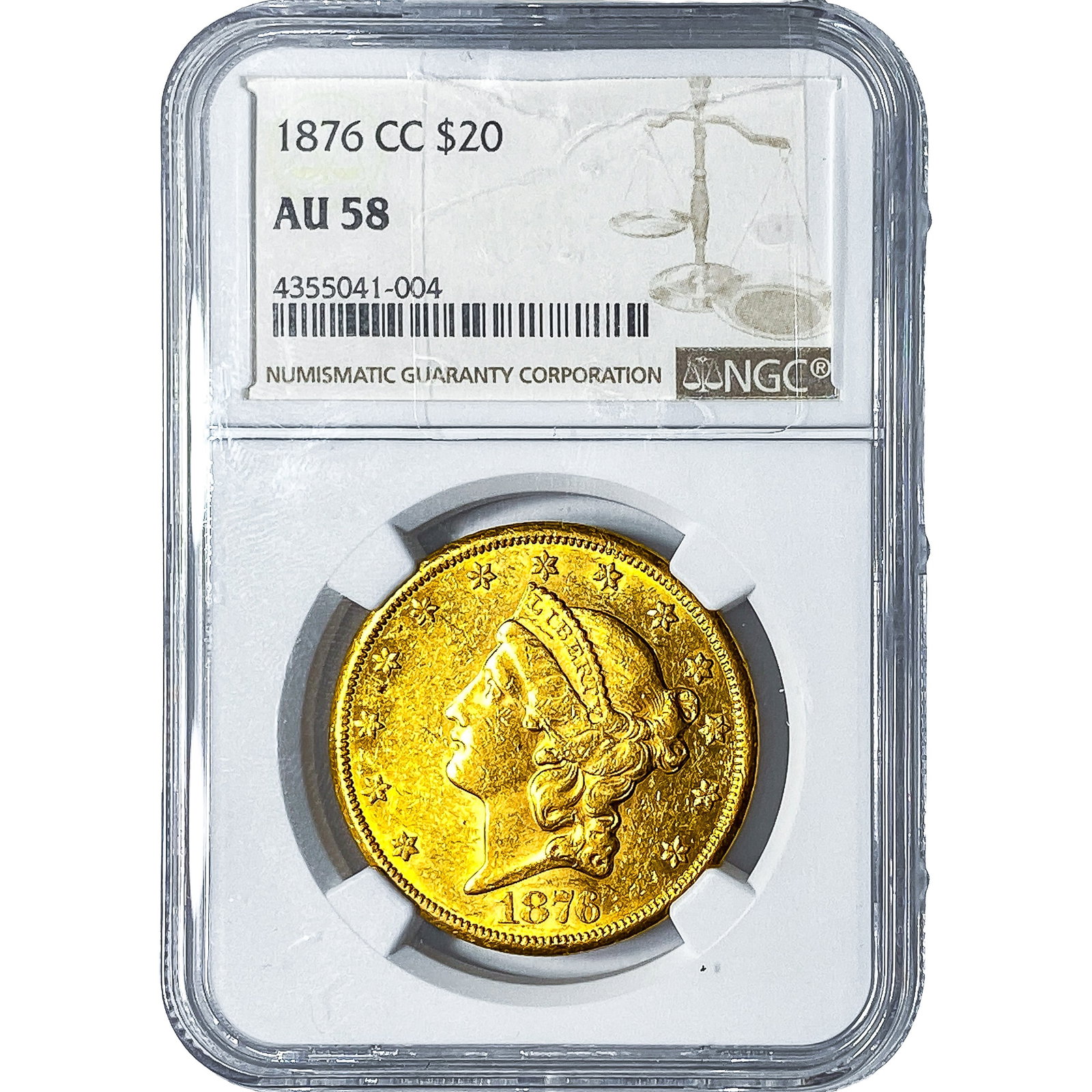 1876-CC $20 Gold Double Eagle NGC AU58: 1876-CC $20 Gold Double Eagle NGC AU58
