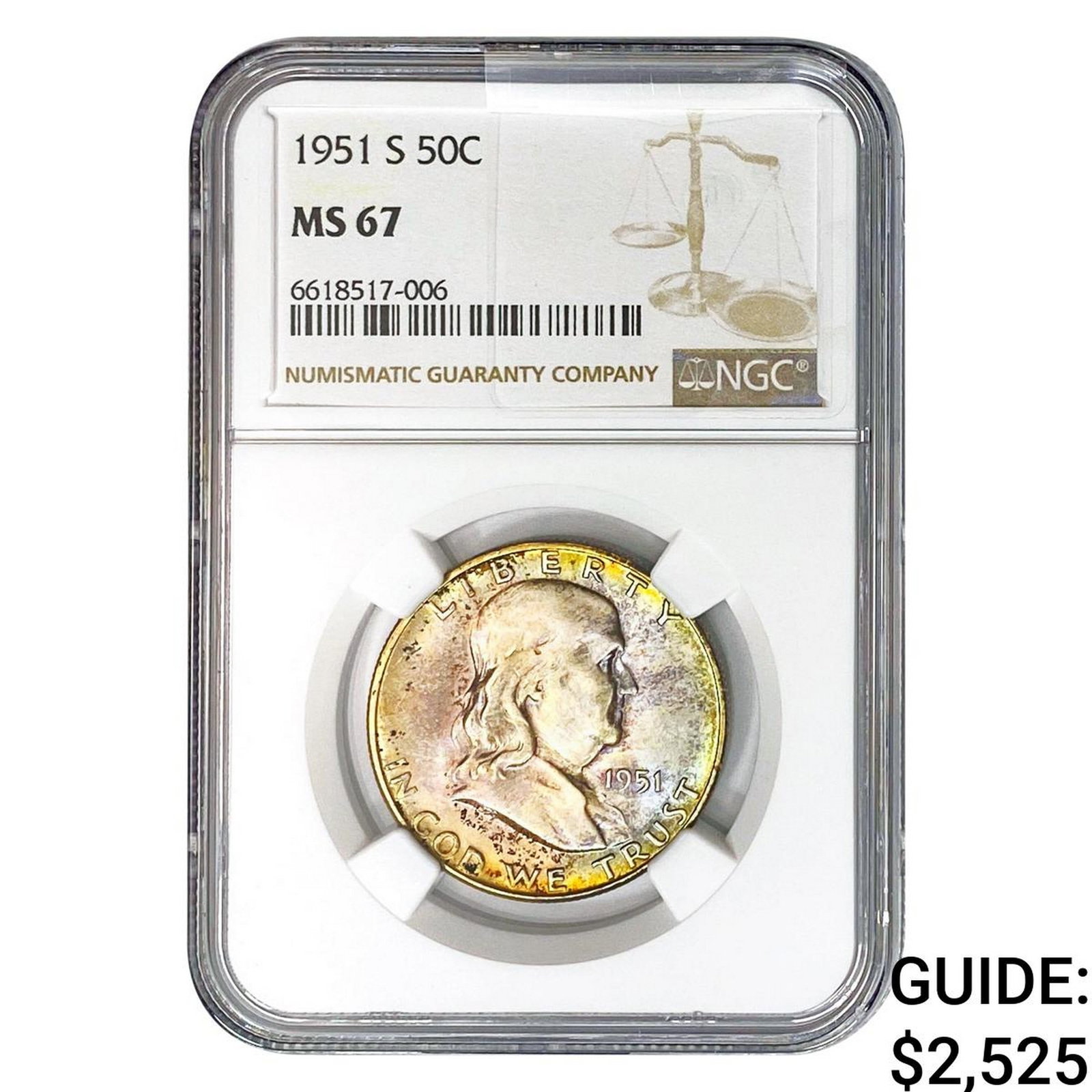 1951-S Franklin Half Dollar NGC MS67: 1951-S Franklin Half Dollar NGC MS67