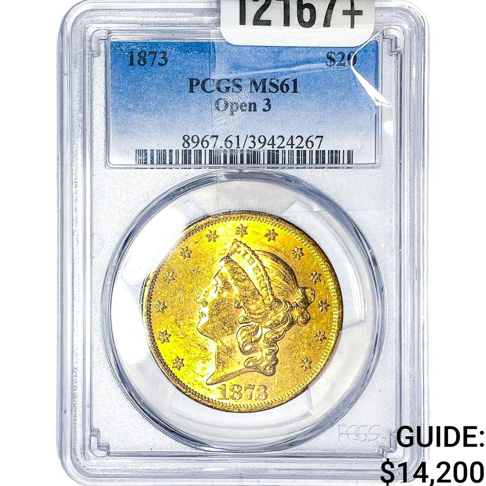 1873 $20 Gold Double Eagle PCGS MS61 Open 3: 1873 $20 Gold Double Eagle PCGS MS61 Open 3
