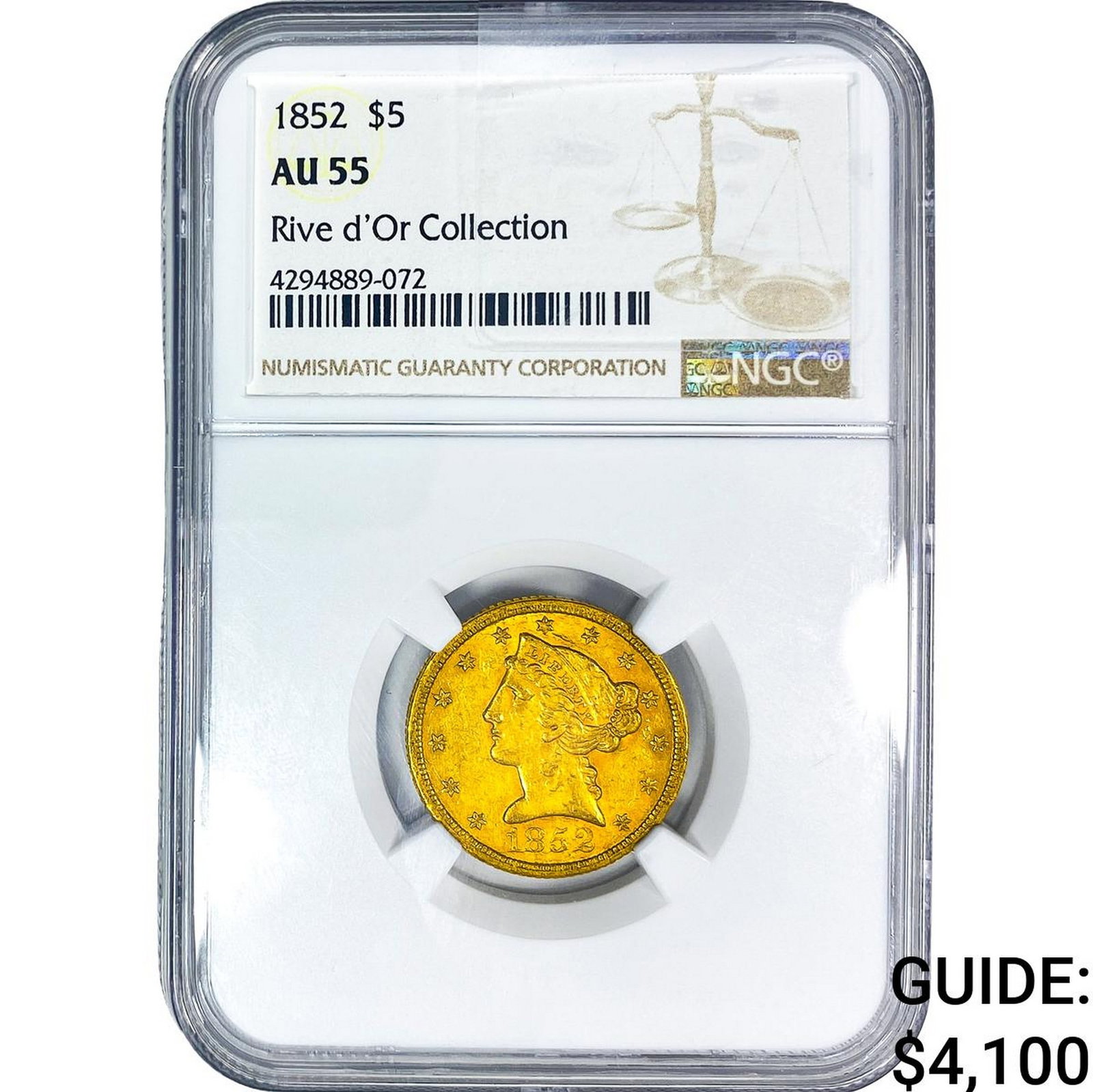 1852 $5 Gold Half Eagle NGC AU55 Rive d'Or Coll.: 1852 $5 Gold Half Eagle NGC AU55 Rive d'Or Coll.