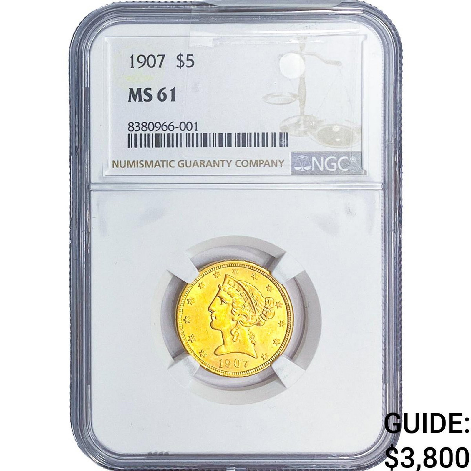 1907 $5 Gold Half Eagle NGC MS61: 1907 $5 Gold Half Eagle NGC MS61