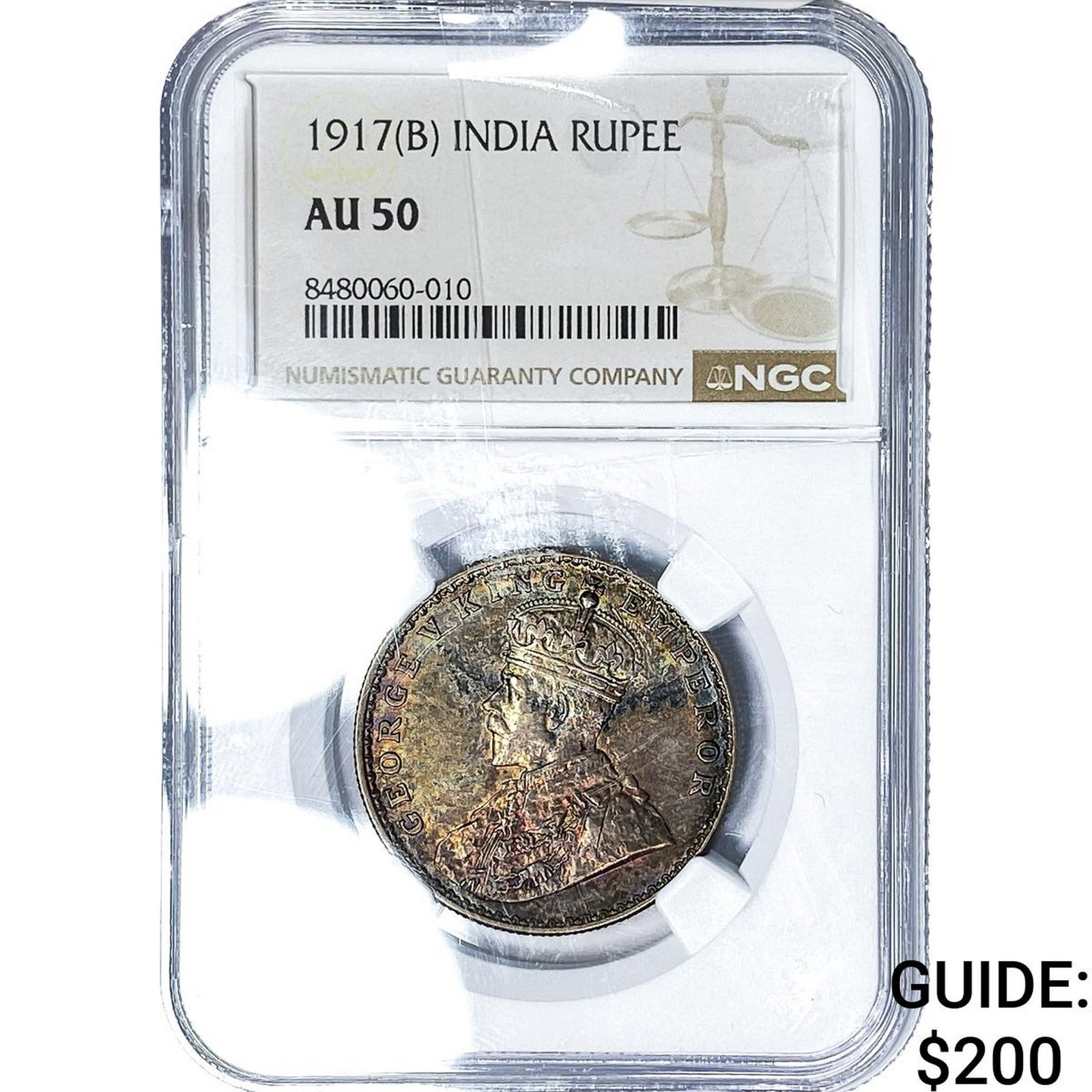1917(B) British India Silver Rupee Toned! NGC AU50 (1 of 2)