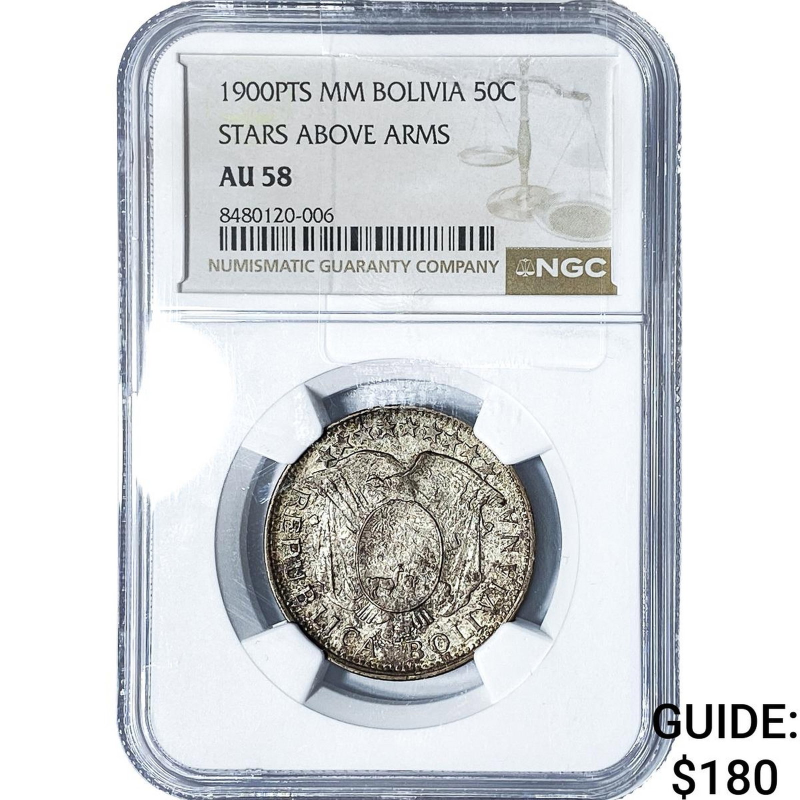1900-PTS Bolivia SIlver 50 Centavos NGC AU58: 1900-PTS Bolivia SIlver 50 Centavos NGC AU58