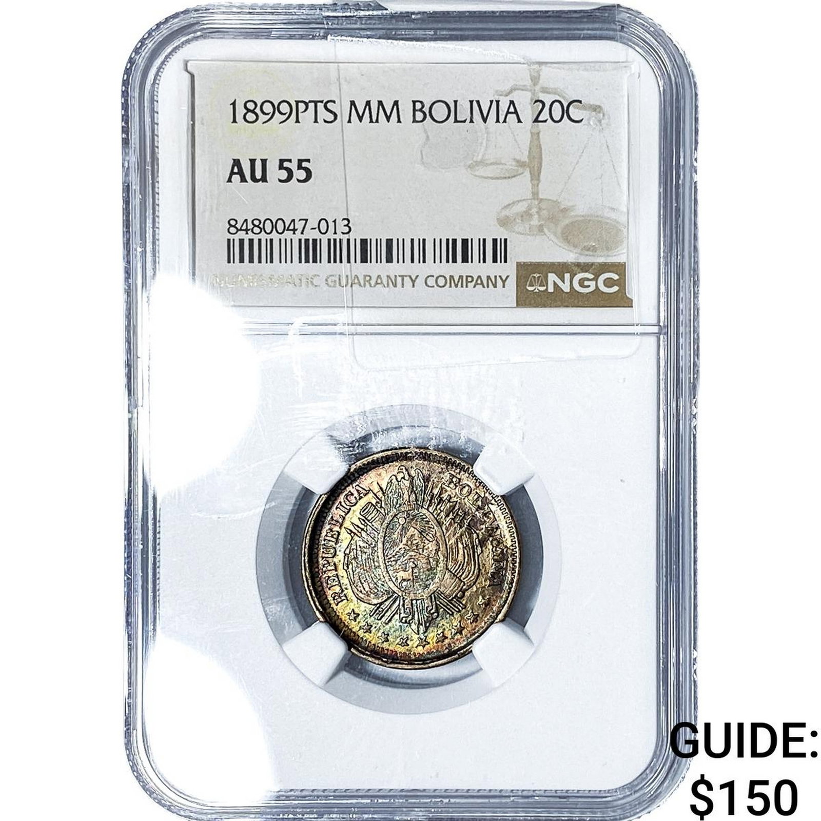1899-PTS Bolivia Silver 20 Centavos Toned! NGC AU55: 1899-PTS Bolivia Silver 20 Centavos Toned! NGC AU55