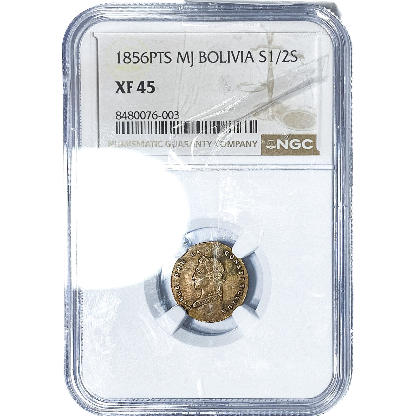 1856-PTS Bolivia Silver 1/2 Sol NGC XF45: 1856-PTS Bolivia Silver 1/2 Sol NGC XF45