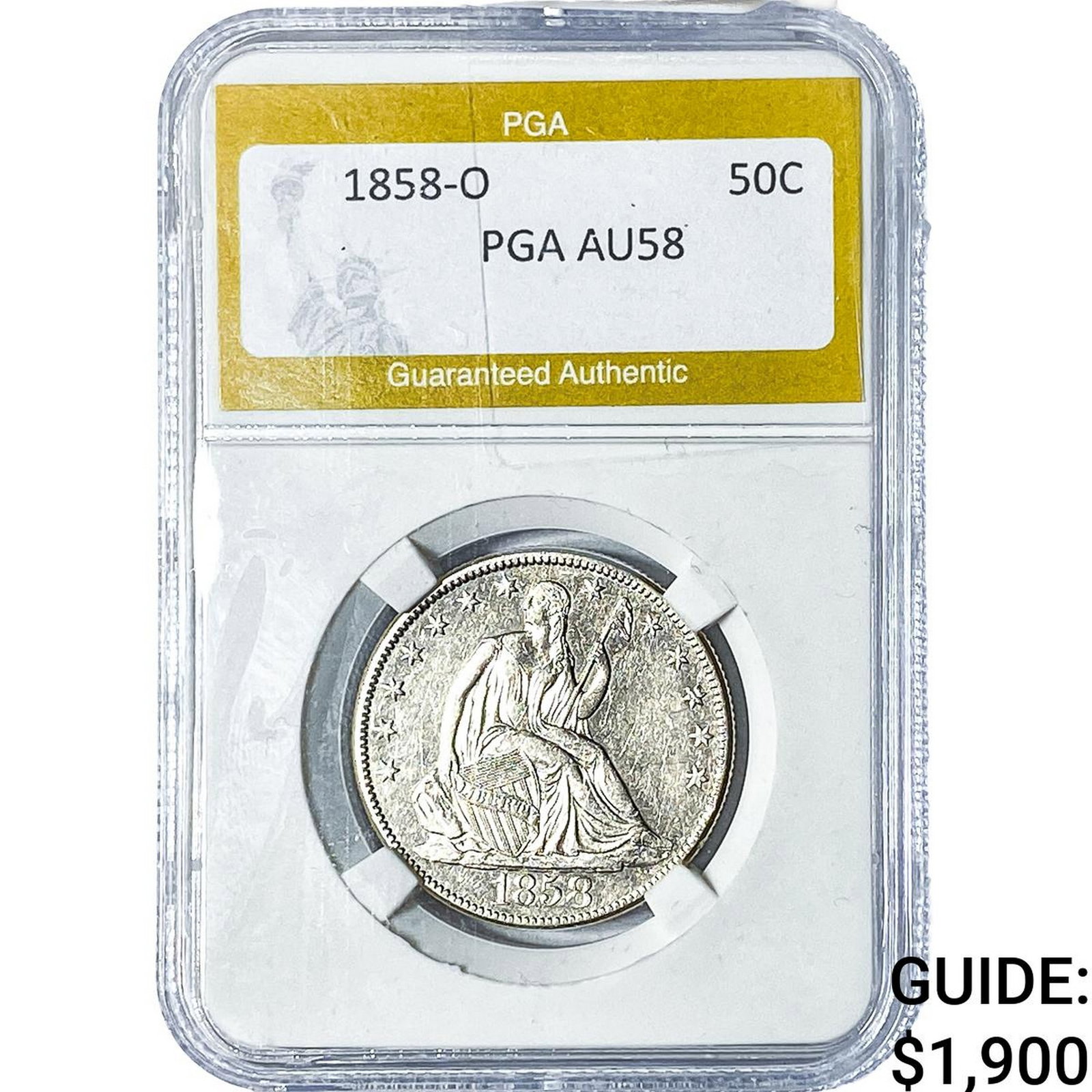 1858-O Seated Liberty Half Dollar PGA AU58: 1858-O Seated Liberty Half Dollar PGA AU58
