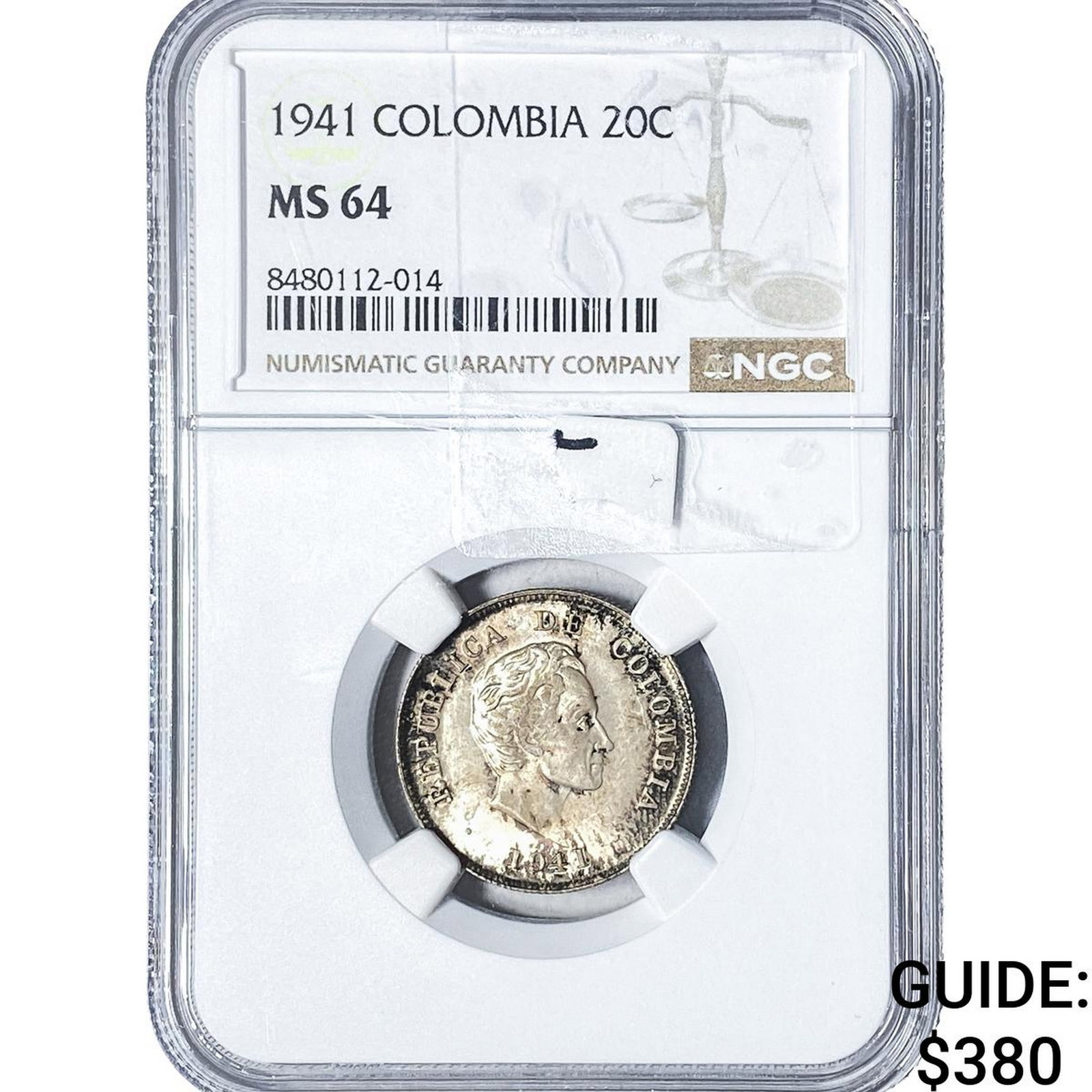 1941 Colombia Silver 20 Centavos NGC MS64: 1941 Colombia Silver 20 Centavos NGC MS64