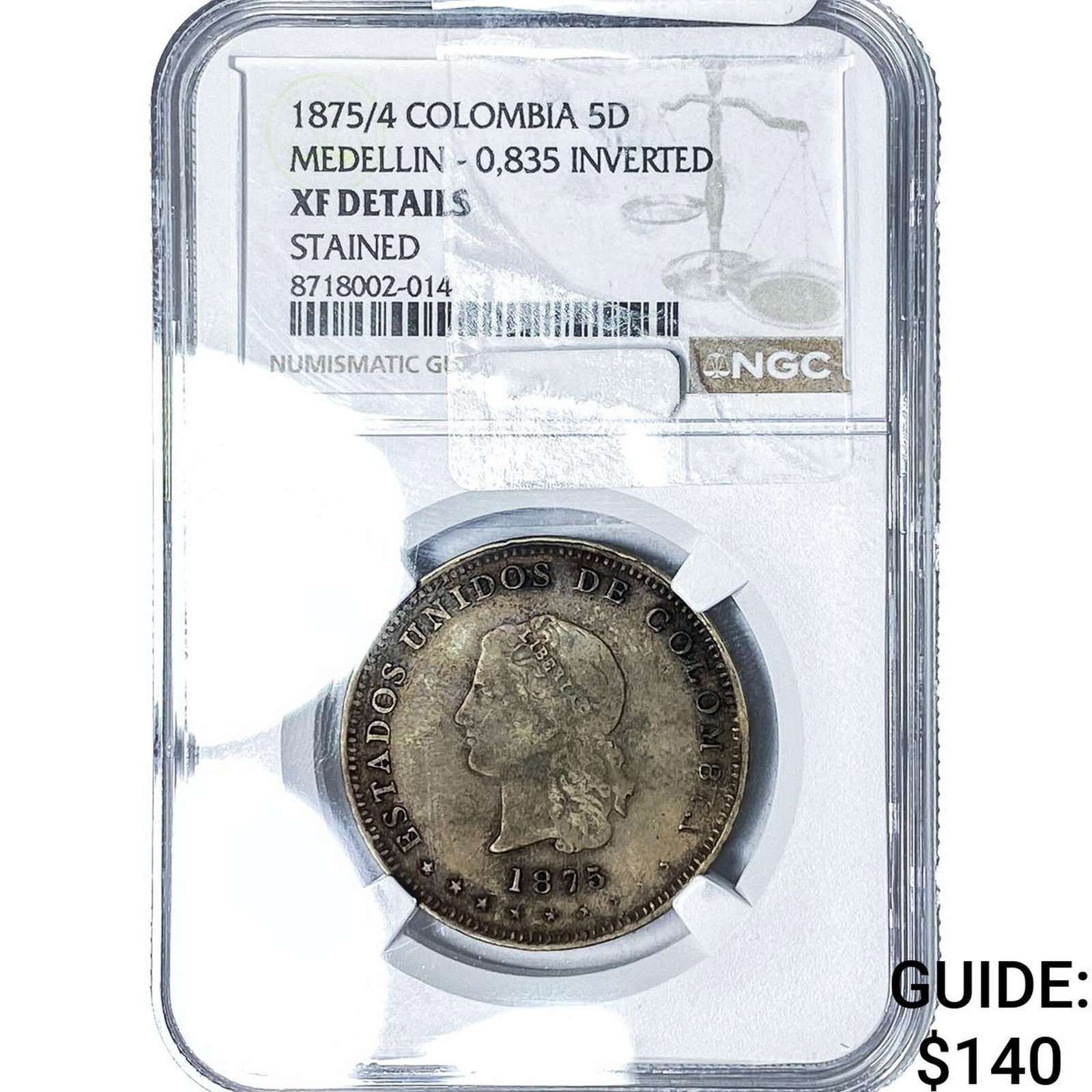 1875/4 Colombia, Medellin Silver 5 Decimos NGC XF Details: 1875/4 Colombia, Medellin Silver 5 Decimos NGC XF Details