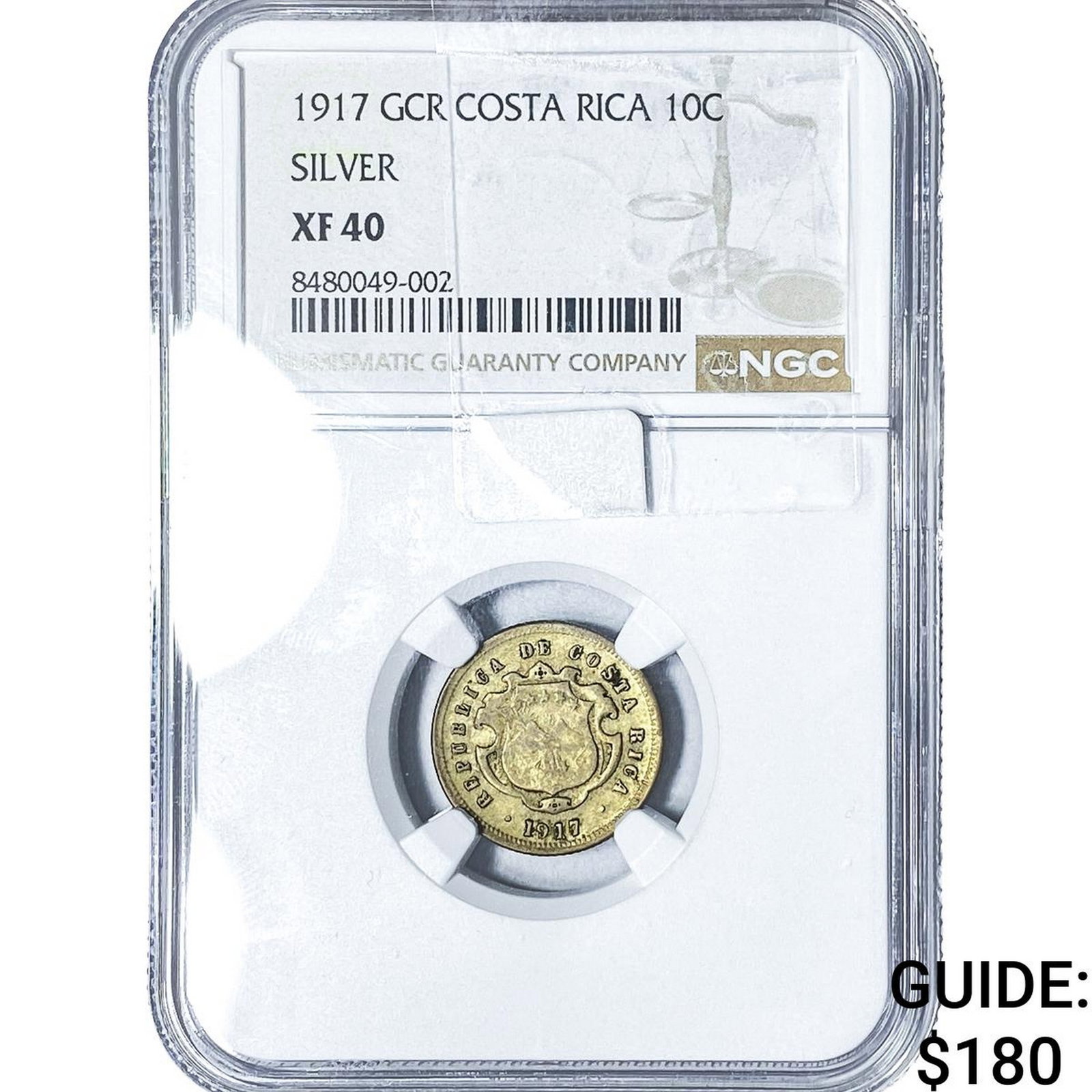 1917 Costa Rica Silver 10 Centavos NGC XF40: 1917 Costa Rica Silver 10 Centavos NGC XF40