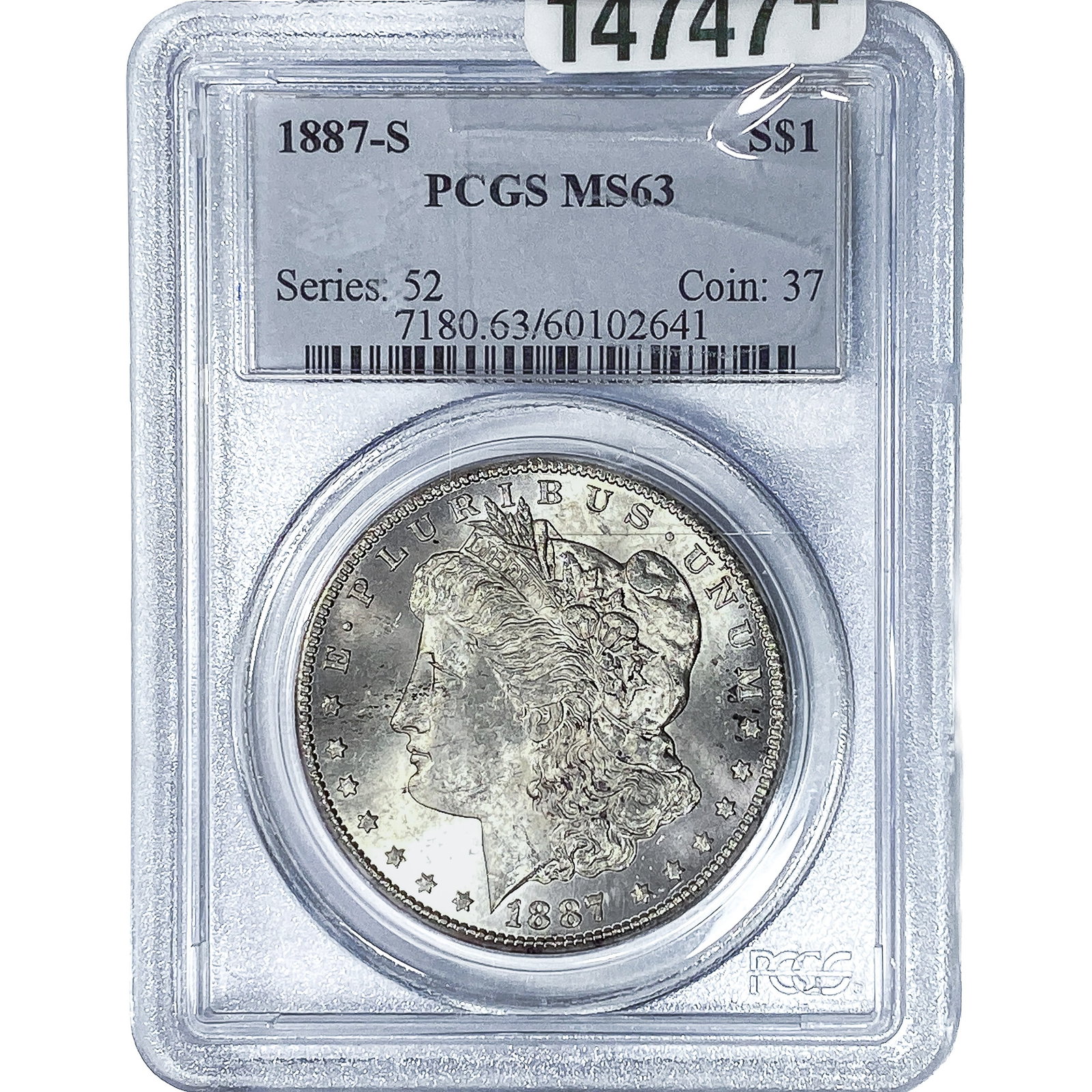 1887-S Morgan Silver Dollar PCGS MS63: 1887-S Morgan Silver Dollar PCGS MS63