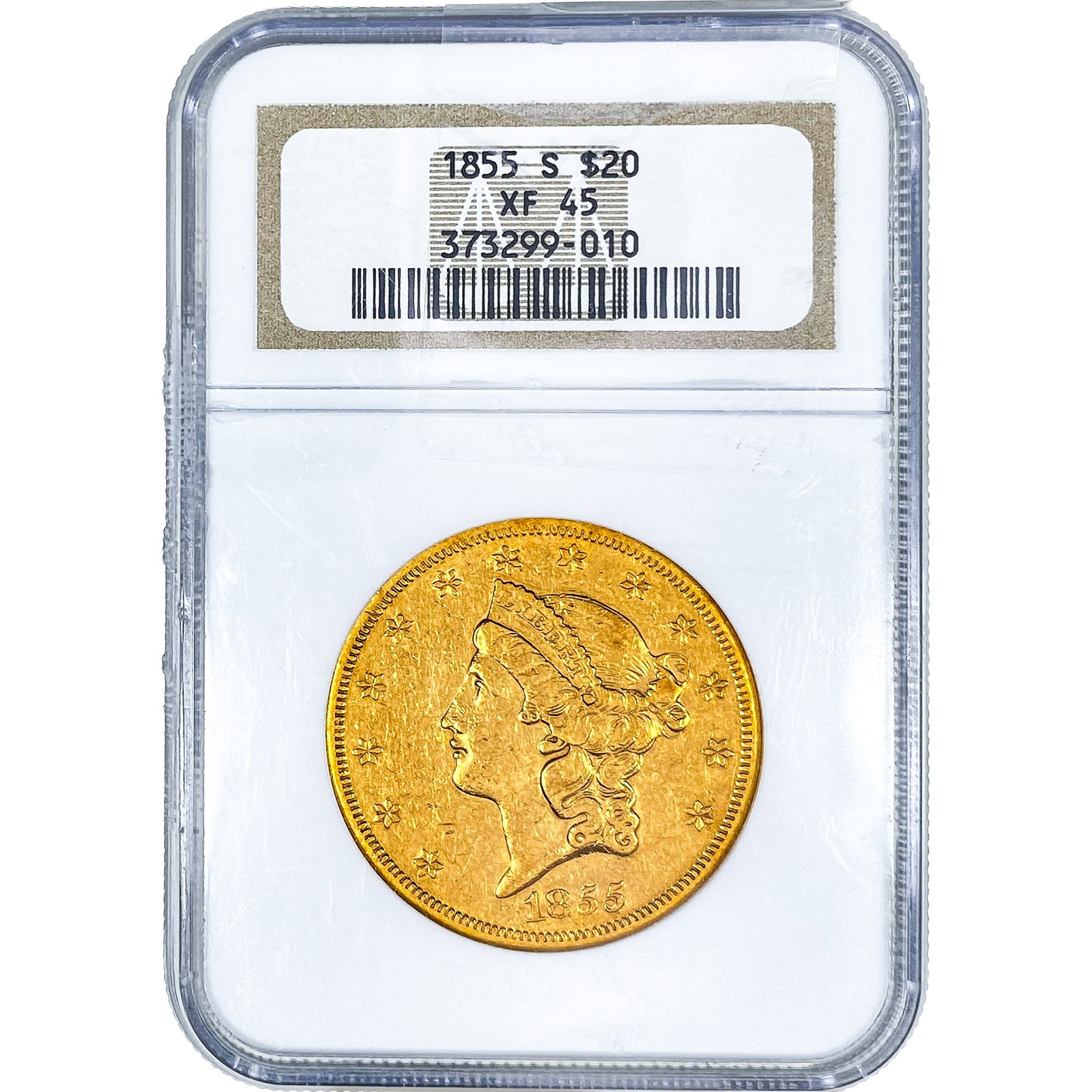 1855-S $20 Gold Double Eagle NGC XF45: 1855-S $20 Gold Double Eagle NGC XF45