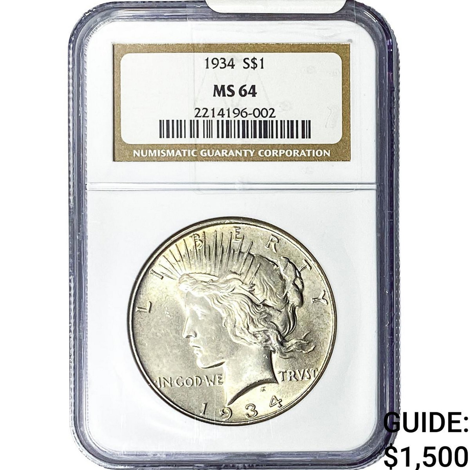 1934 Silver Peace Dollar NGC MS64: 1934 Silver Peace Dollar NGC MS64