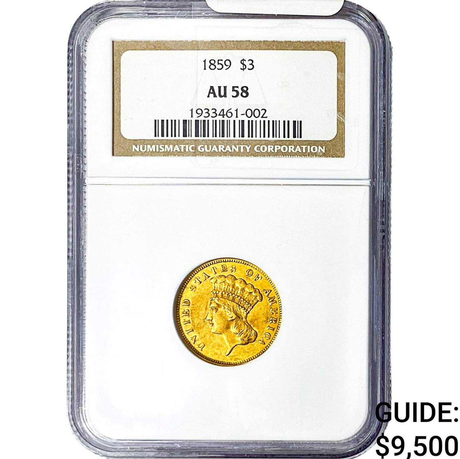 1859 $3 Gold Piece NGC AU58: 1859 $3 Gold Piece NGC AU58