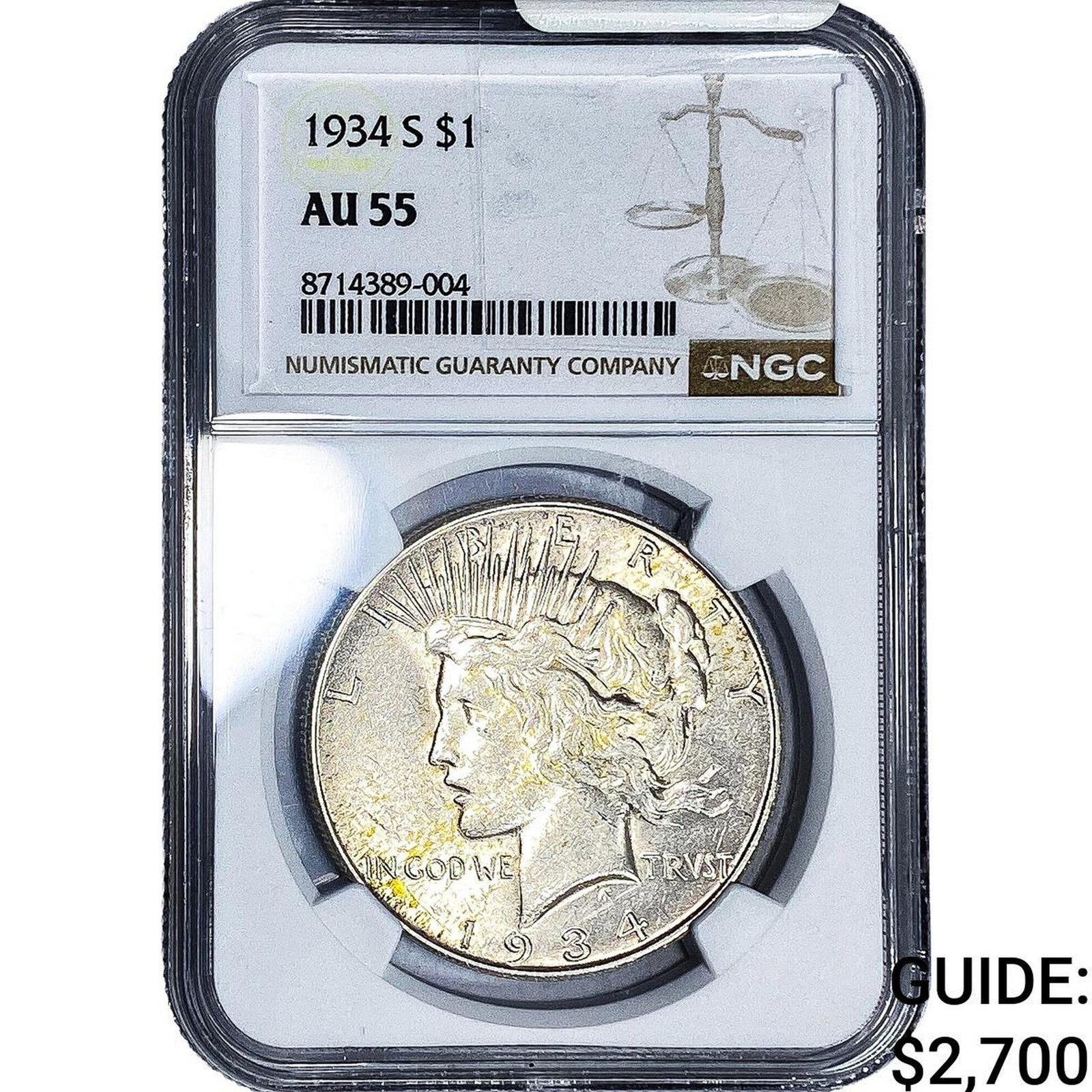 1934-S Silver Peace Dollar NGC AU55: 1934-S Silver Peace Dollar NGC AU55