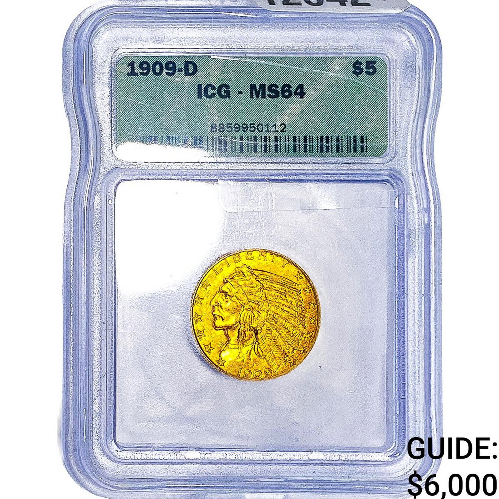 1909-D $5 Gold Half Eagle ICG MS64: 1909-D $5 Gold Half Eagle ICG MS64