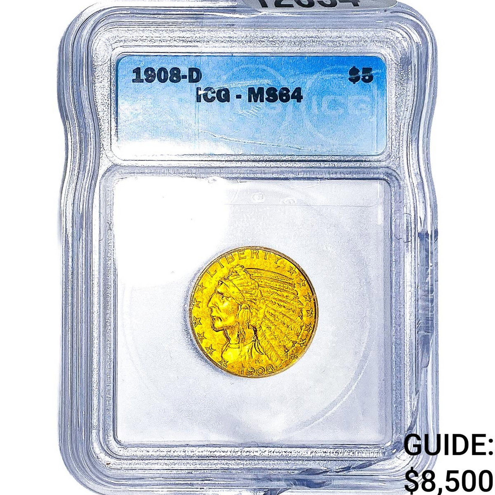 1908-D $5 Gold Half Eagle ICG MS64: 1908-D $5 Gold Half Eagle ICG MS64