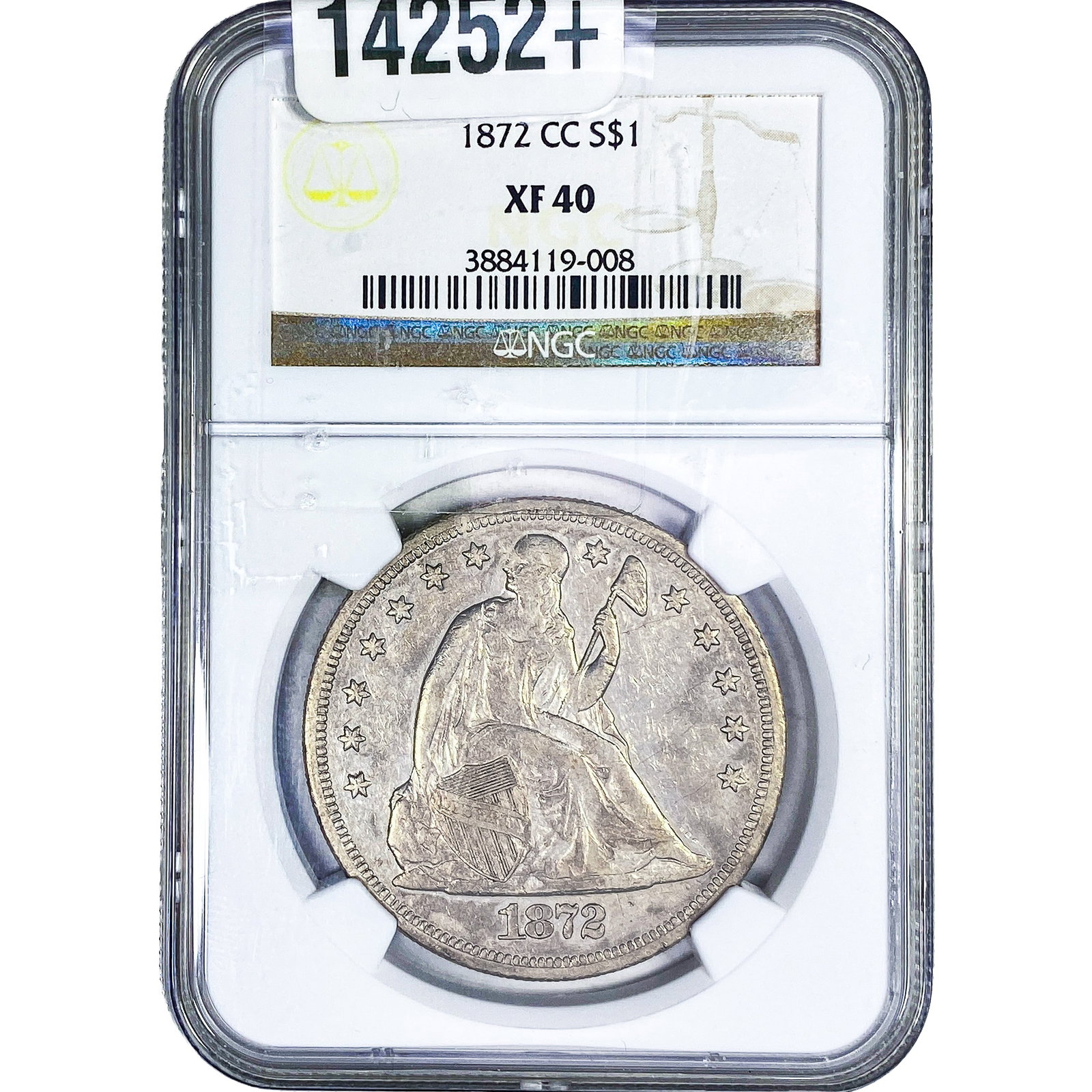 1872-CC Seated Liberty Dollar NGC XF40: 1872-CC Seated Liberty Dollar NGC XF40