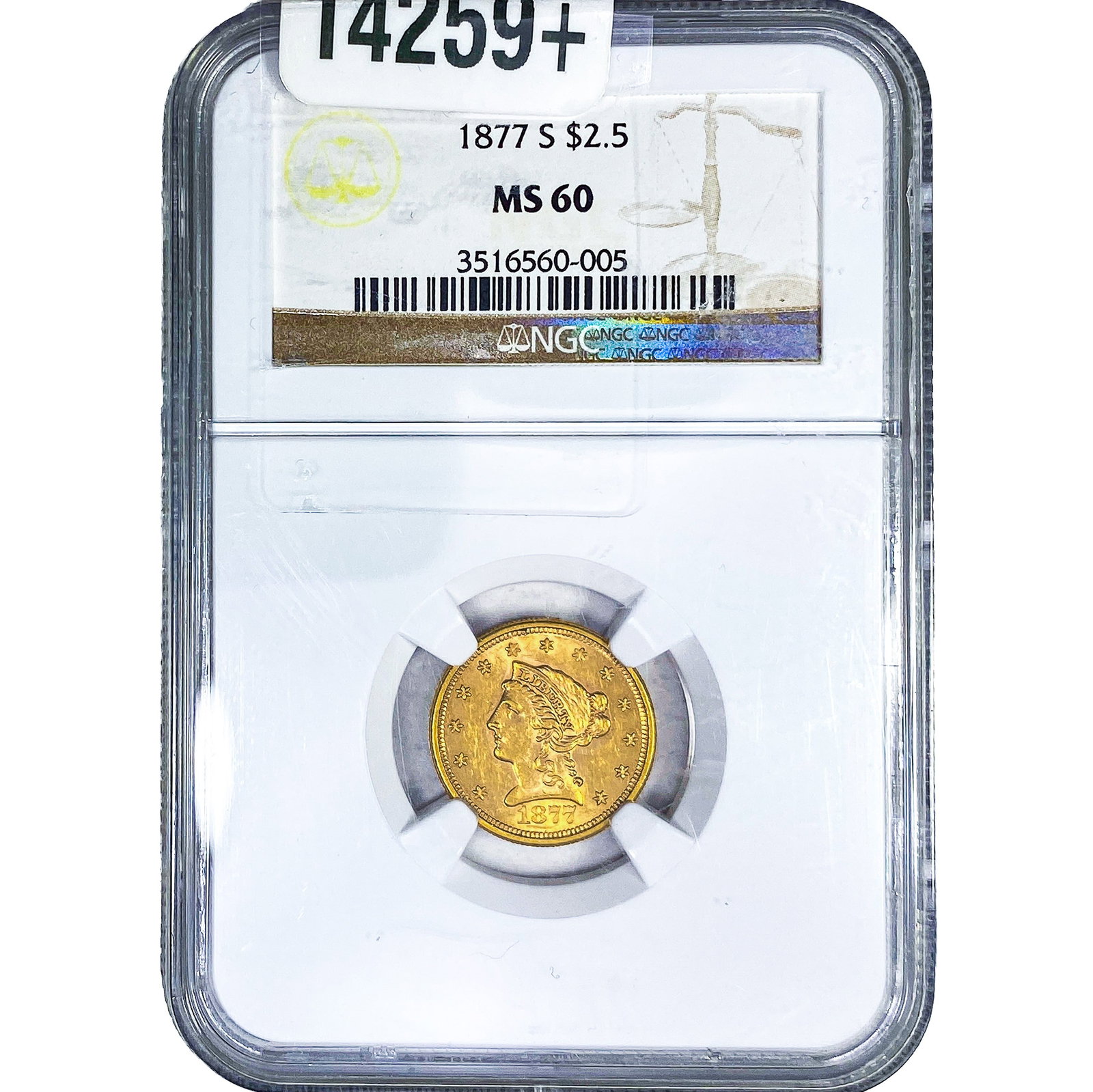 1877 $2.50 Gold Quarter Eagle NGC MS60: 1877 $2.50 Gold Quarter Eagle NGC MS60