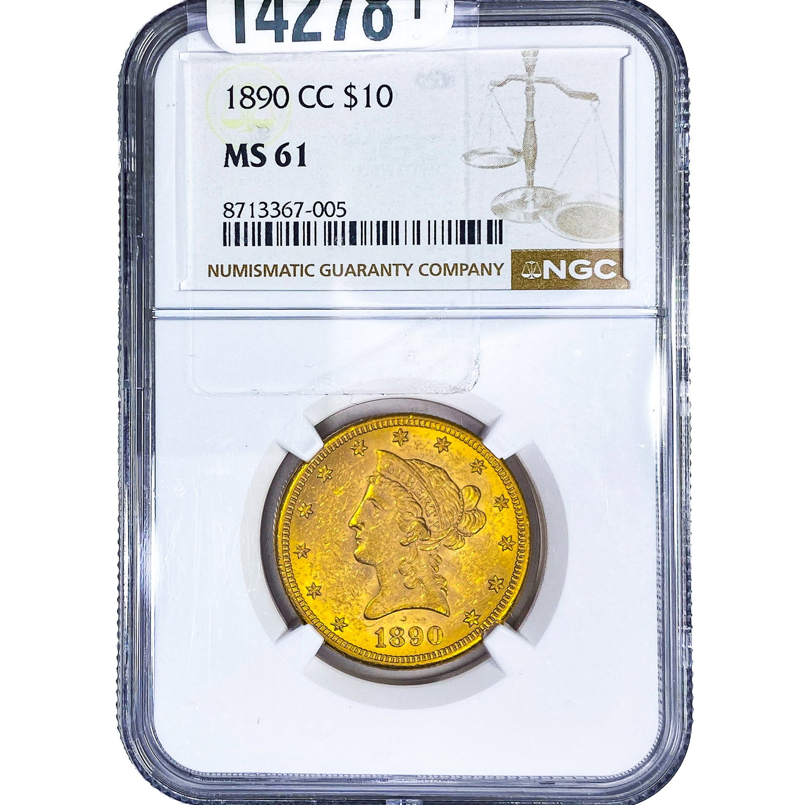 1890-CC $10 Gold Eagle NGC MS61: 1890-CC $10 Gold Eagle NGC MS61